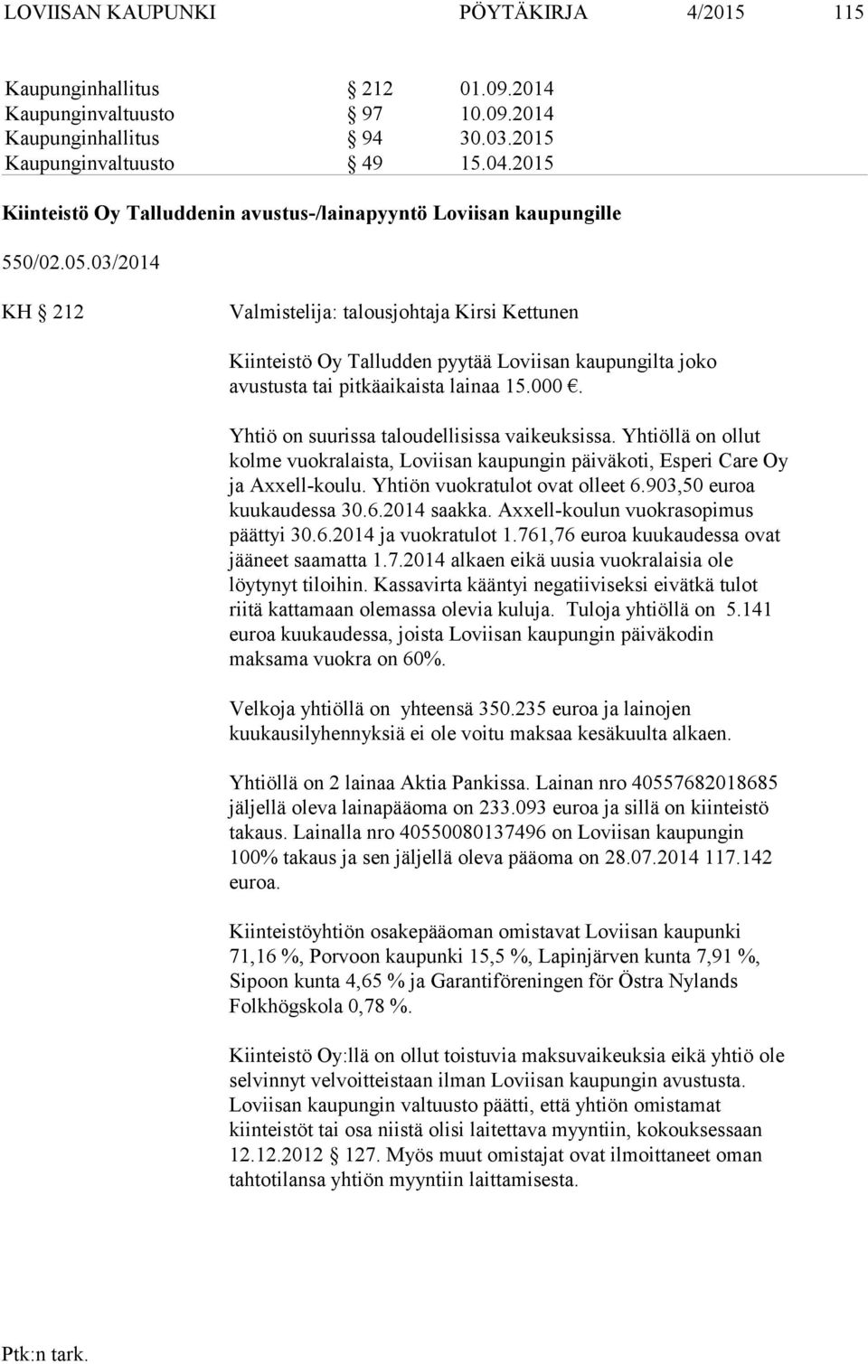 03/2014 KH 212 Valmistelija: talousjohtaja Kirsi Kettunen Kiinteistö Oy Talludden pyytää Loviisan kaupungilta joko avustusta tai pitkäaikaista lainaa 15.000.