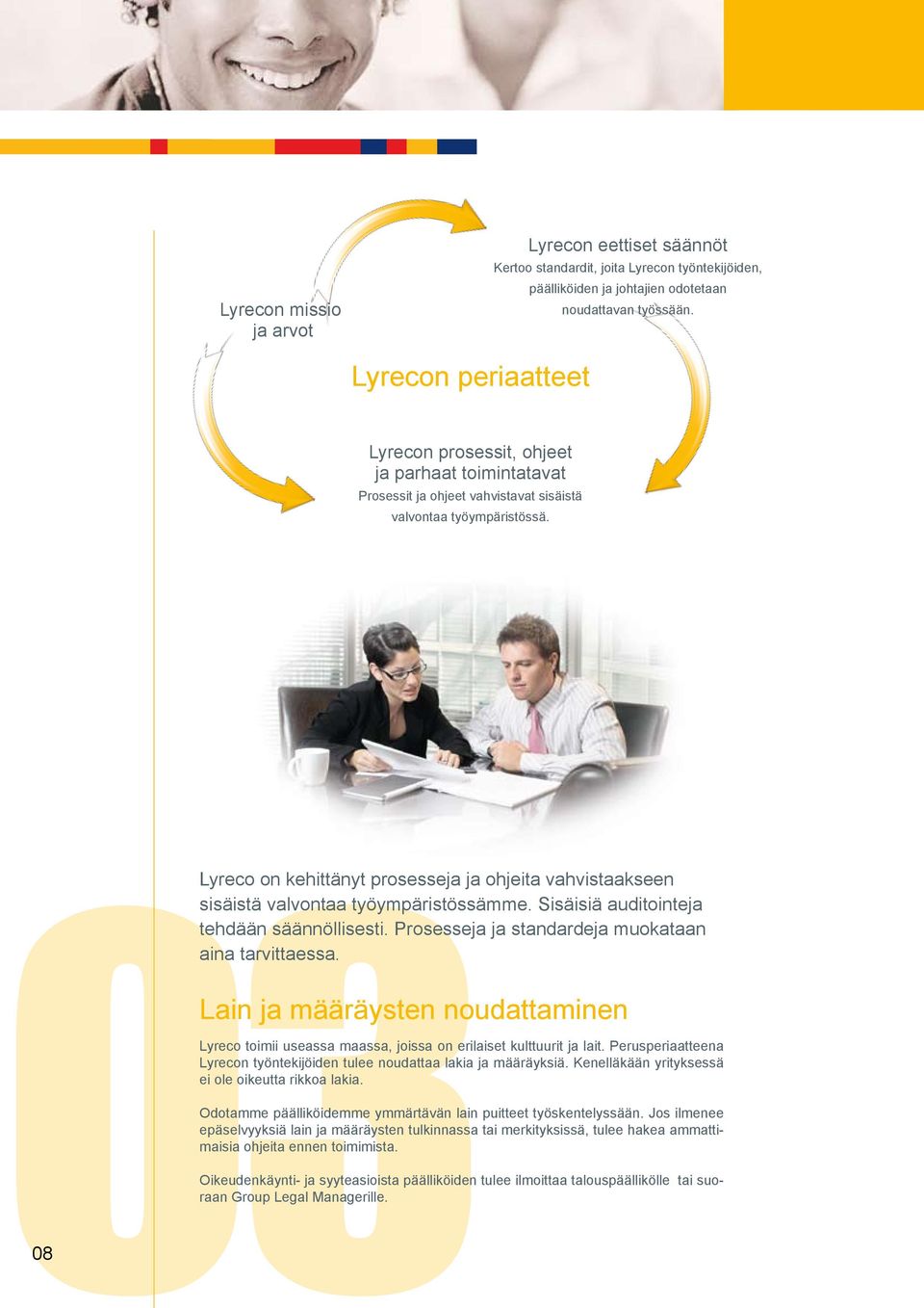 03 Lain ja määräysten noudattaminen 08 Lyreco on kehittänyt prosesseja ja ohjeita vahvistaakseen sisäistä valvontaa työympäristössämme. Sisäisiä auditointeja tehdään säännöllisesti.