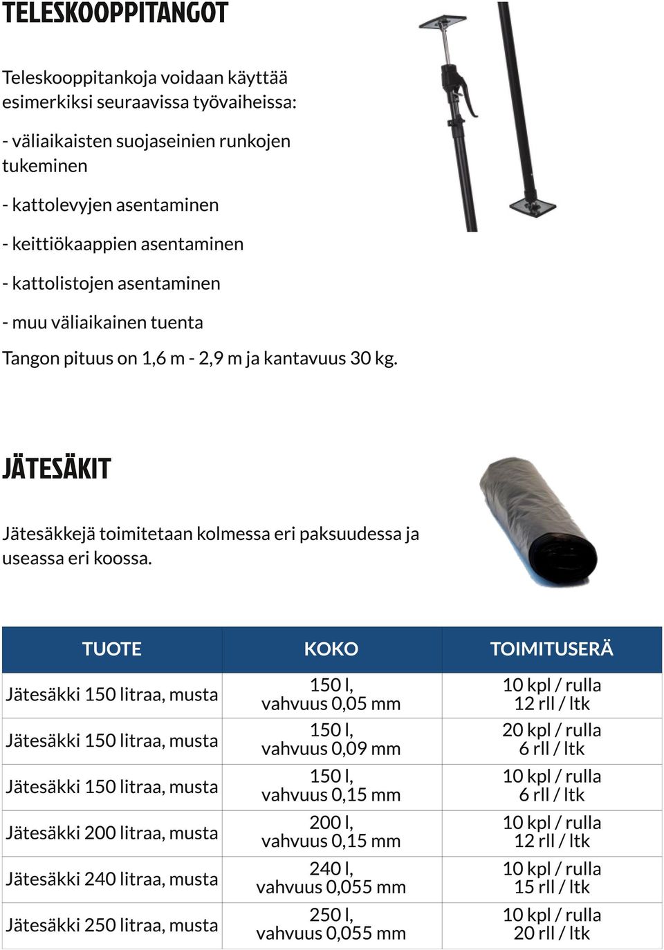 TUOTE KOKO TOIMITUSERÄ Jätesäkki 150 litraa, musta 150 l, vahvuus 0,05 mm 150 l, vahvuus 0,09 mm 150 l, vahvuus 0,15 mm 200 l, vahvuus 0,15 mm 240 l, vahvuus 0,055 mm 250 l, vahvuus 0,055 mm 10 kpl /