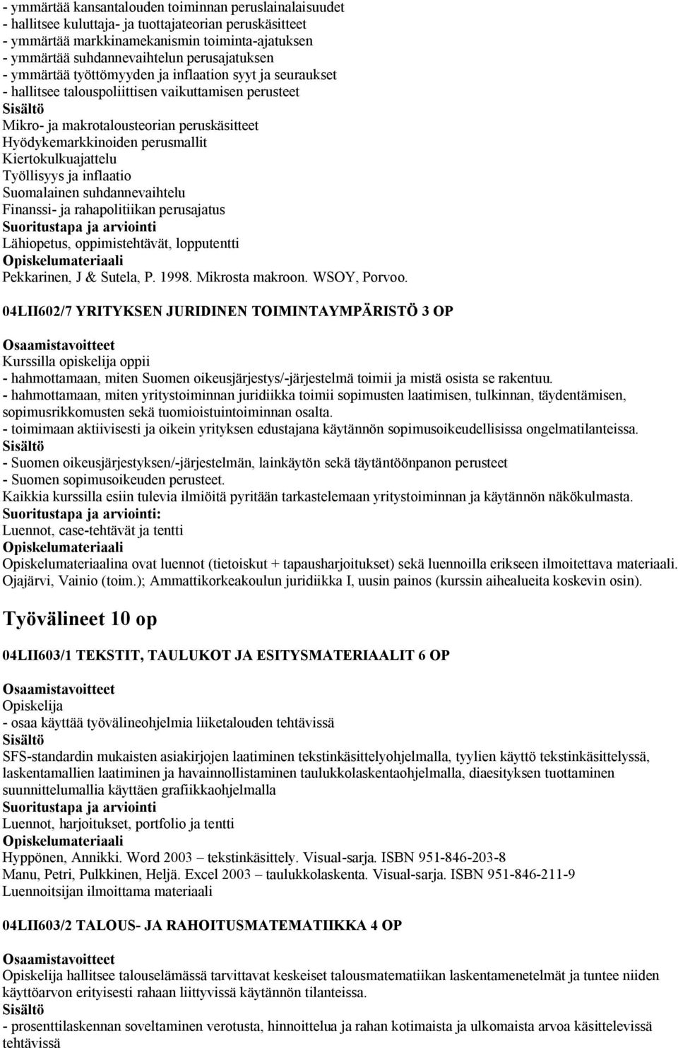 perusmallit Kiertokulkuajattelu Työllisyys ja inflaatio Suomalainen suhdannevaihtelu Finanssi- ja rahapolitiikan perusajatus Lähiopetus, oppimistehtävät, lopputentti Pekkarinen, J & Sutela, P. 1998.