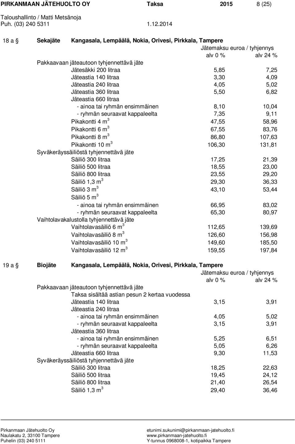 Pikakontti 8 m 3 86,80 107,63 Pikakontti 10 m 3 106,30 131,81 Säiliö 300 litraa 17,25 21,39 Säiliö 500 litraa 18,55 23,00 Säiliö 800 litraa 23,55 29,20 Säiliö 1,3 m 3 29,30 36,33 Säiliö 3 m 3 43,10