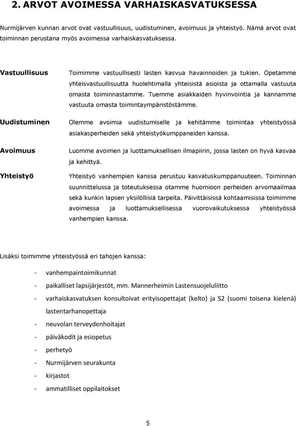 Opetamme yhteisvastuullisuutta huolehtimalla yhteisistä asioista ja ottamalla vastuuta omasta toiminnastamme. Tuemme asiakkaiden hyvinvointia ja kannamme vastuuta omasta toimintaympäristöstämme.