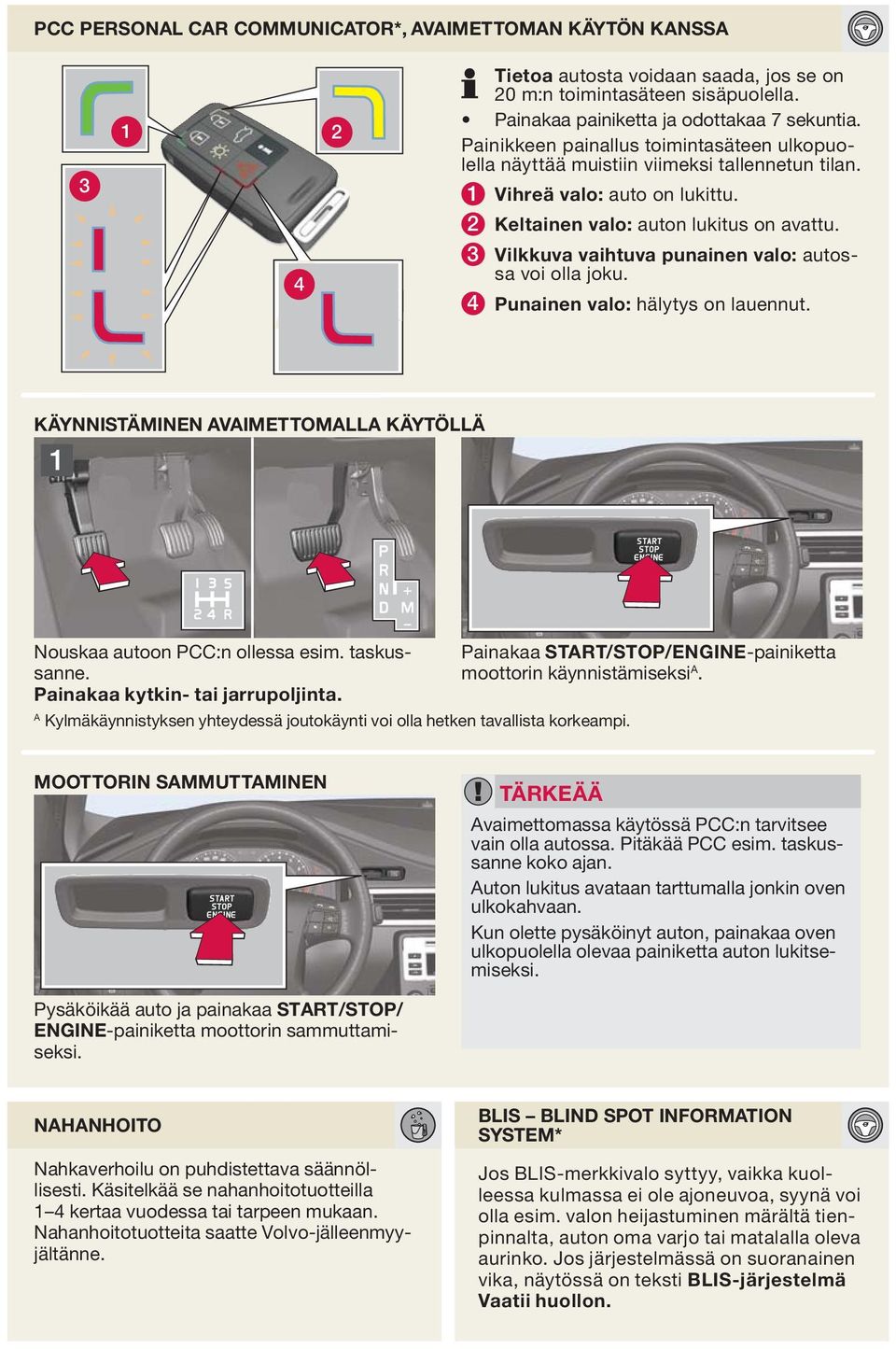 3 Vilkkuva vaihtuva punainen valo: autossa voi olla joku. 4 Punainen valo: hälytys on lauennut. KÄYNNISTÄMINEN VIMETTOMLL KÄYTÖLLÄ 1 Nouskaa autoon PCC:n ollessa esim. taskussanne.