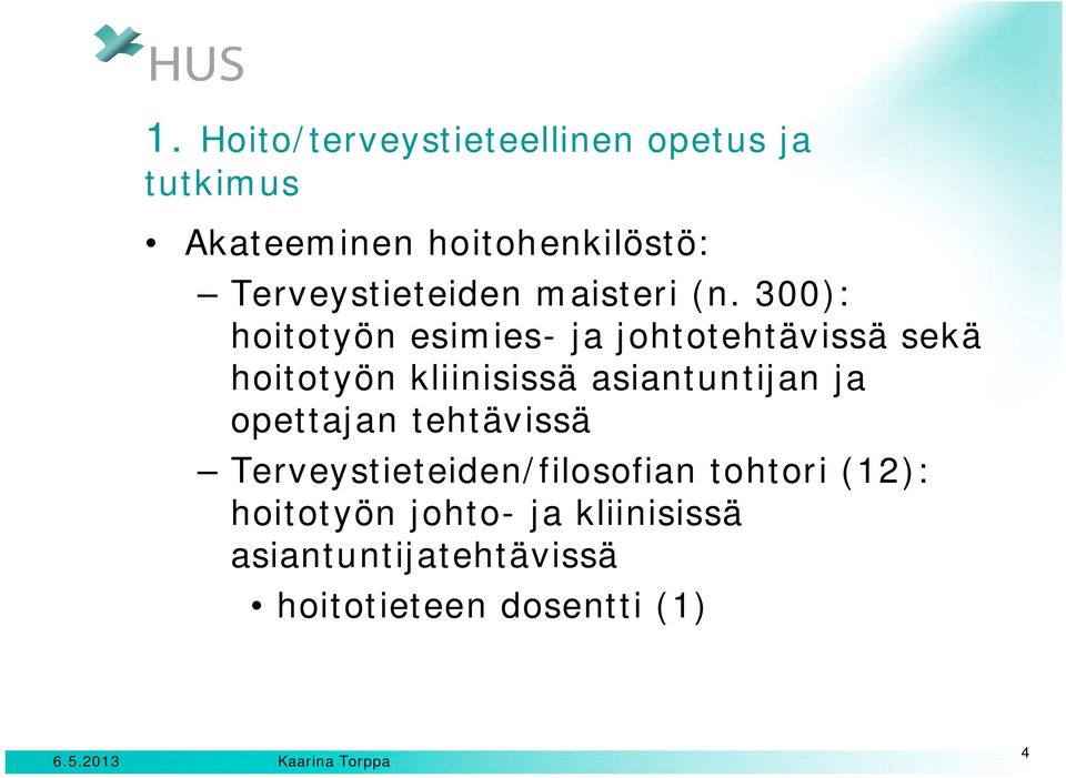 300): hoitotyön esimies- ja johtotehtävissä sekä hoitotyön kliinisissä asiantuntijan ja