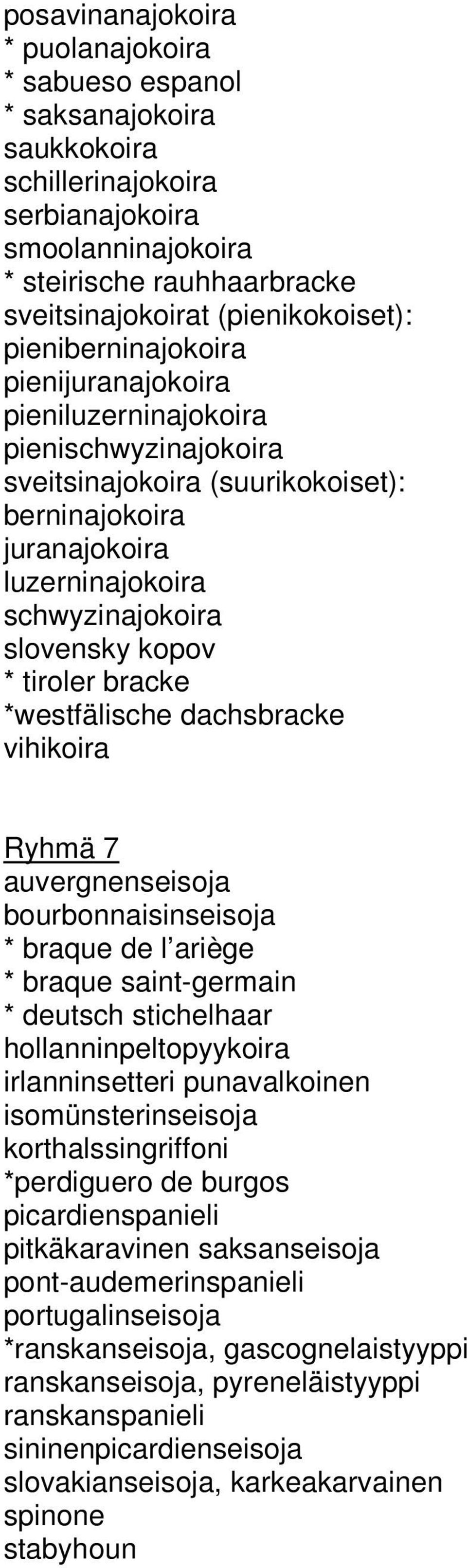 tiroler bracke *westfälische dachsbracke vihikoira Ryhmä 7 auvergnenseisoja bourbonnaisinseisoja * braque de l ariège * braque saint-germain * deutsch stichelhaar hollanninpeltopyykoira