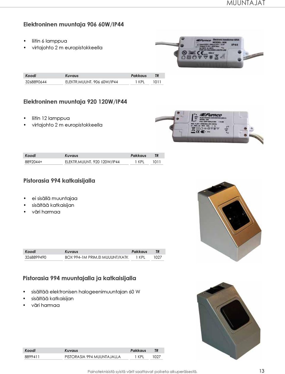 920 120W/IP44 1 KPL 1011 Pistorasia 994 katkaisijalla ei sisällä muuntajaa sisältää katkaisijan väri harmaa 3268899490 BOX 994-1M PRIM,EI MUUUNT/KATK 1 KPL 1027