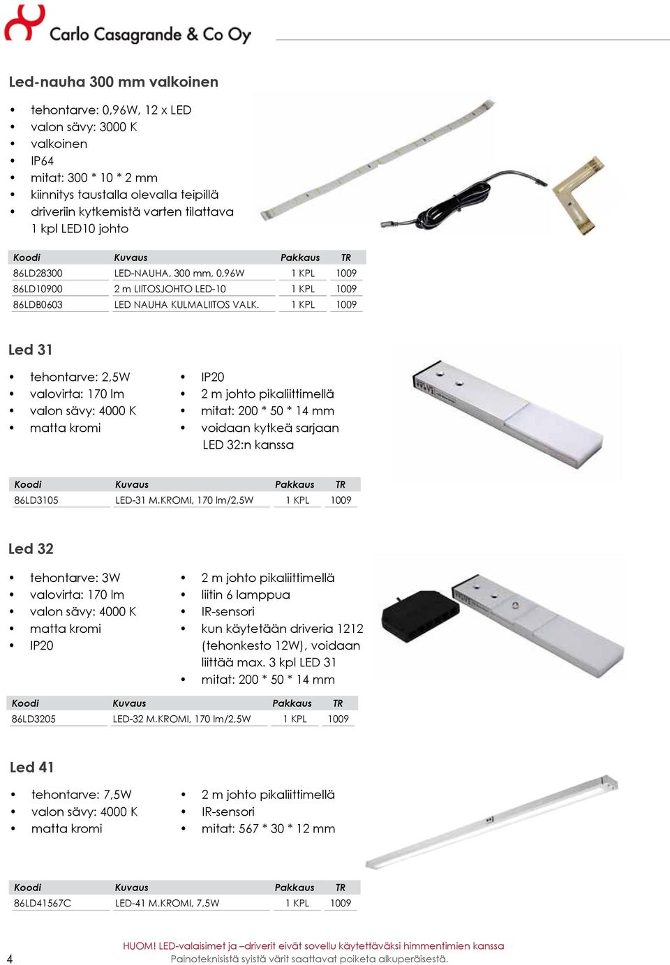 1 KPL 1009 Led 31 tehontarve: 2,5W valovirta: 170 lm valon sävy: 4000 K matta kromi IP20 2 m johto pikaliittimellä mitat: 200 * 50 * 14 mm voidaan kytkeä sarjaan LED 32:n kanssa 86LD3105 LED-31 M.