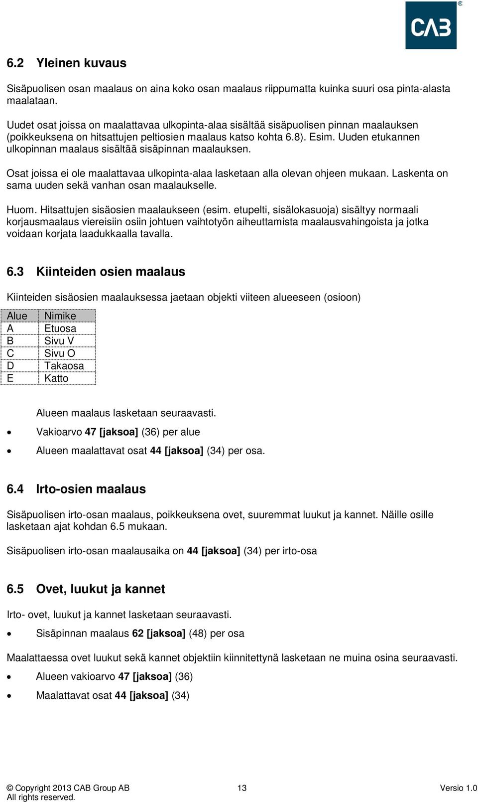 Uuden etukannen ulkopinnan maalaus sisältää sisäpinnan maalauksen. Osat joissa ei ole maalattavaa ulkopinta-alaa lasketaan alla olevan ohjeen mukaan.