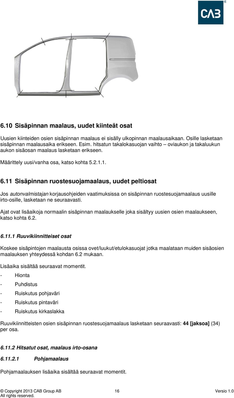 11 Sisäpinnan ruostesuojamaalaus, uudet peltiosat Jos autonvalmistajan korjausohjeiden vaatimuksissa on sisäpinnan ruostesuojamaalaus uusille irto-osille, lasketaan ne seuraavasti.