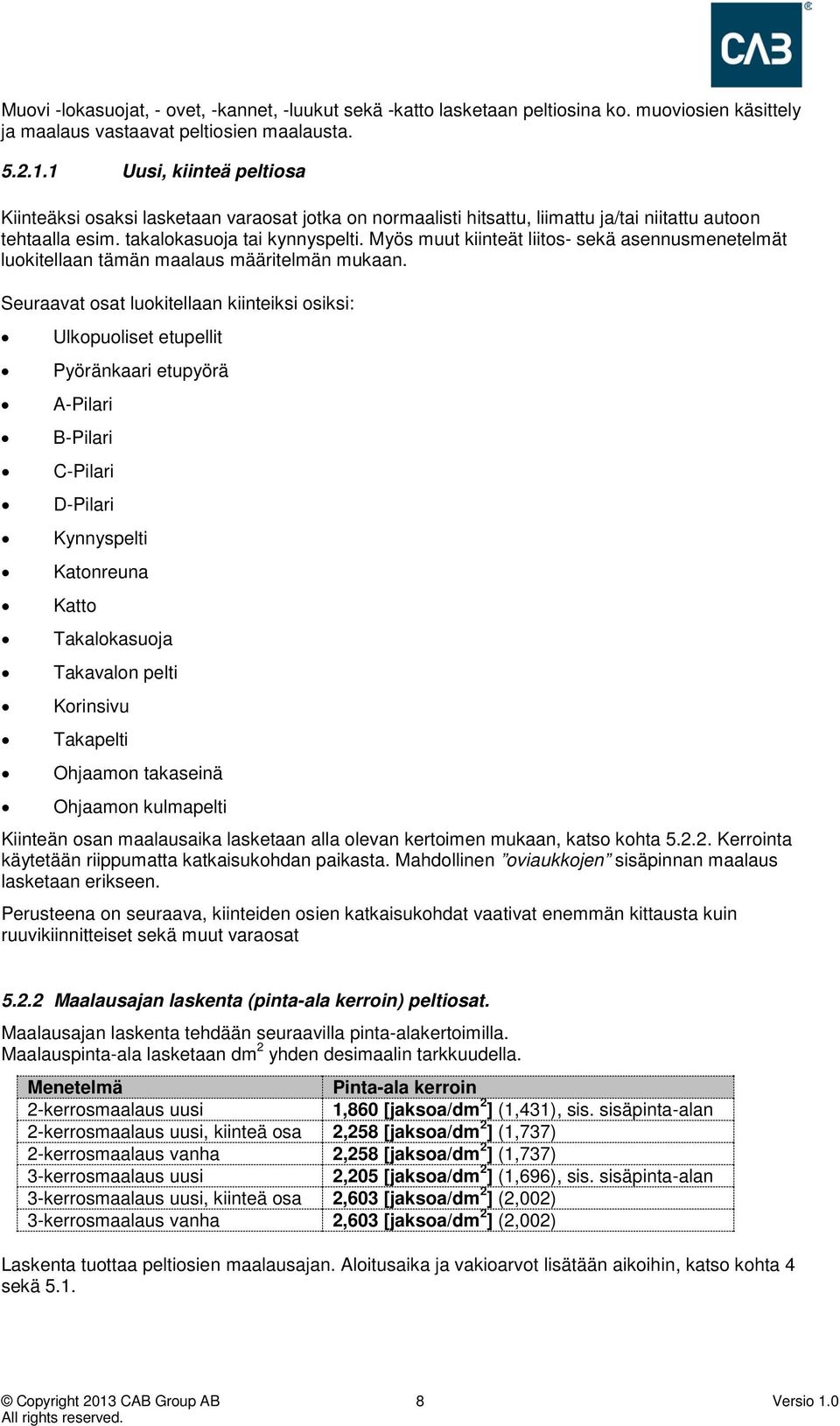 Myös muut kiinteät liitos- sekä asennusmenetelmät luokitellaan tämän maalaus määritelmän mukaan.