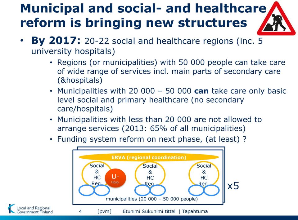 main parts of secondary care (&hospitals) Municipalities with 20 000 50 000 can take care only basic level social and primary healthcare (no secondary care/hospitals) Municipalities