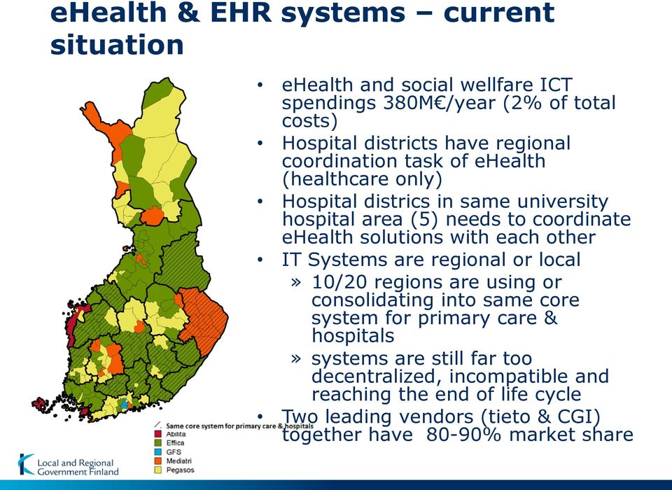each other IT Systems are regional or local» 10/20 regions are using or consolidating into same core system for primary care & hospitals» systems