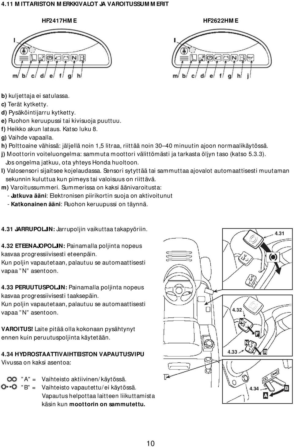 j) Moottorin voiteluongelma: sammuta moottori välittömästi ja tarkasta öljyn taso (katso 5.3.3). Jos ongelma jatkuu, ota yhteys Honda huoltoon. I) Valosensori sijaitsee kojelaudassa.