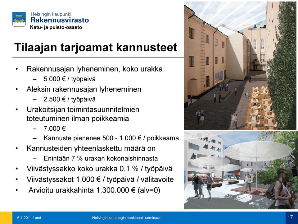 000 / poikkeama Kannusteiden yhteenlaskettu määrä on Enintään 7 % urakan kokonaishinnasta Viivästyssakko koko urakka 0,1 %