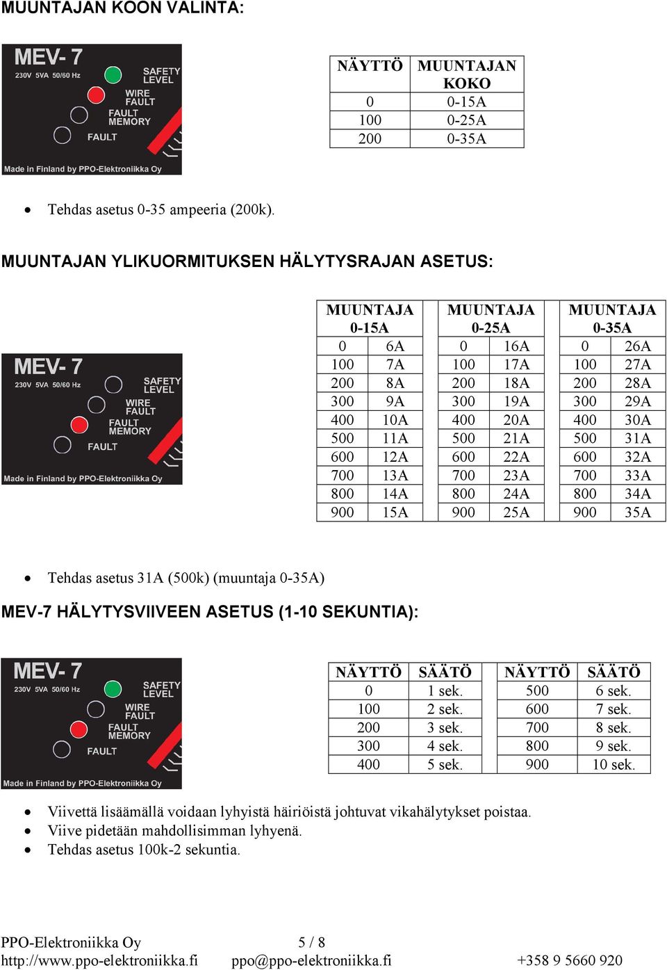 30A 500 11A 500 21A 500 31A 600 12A 600 22A 600 32A 700 13A 700 23A 700 33A 800 14A 800 24A 800 34A 900 15A 900 25A 900 35A Tehdas asetus 31A (500k) (muuntaja 0-35A) MEV-7 HÄLYTYSVIIVEEN ASETUS (1-10