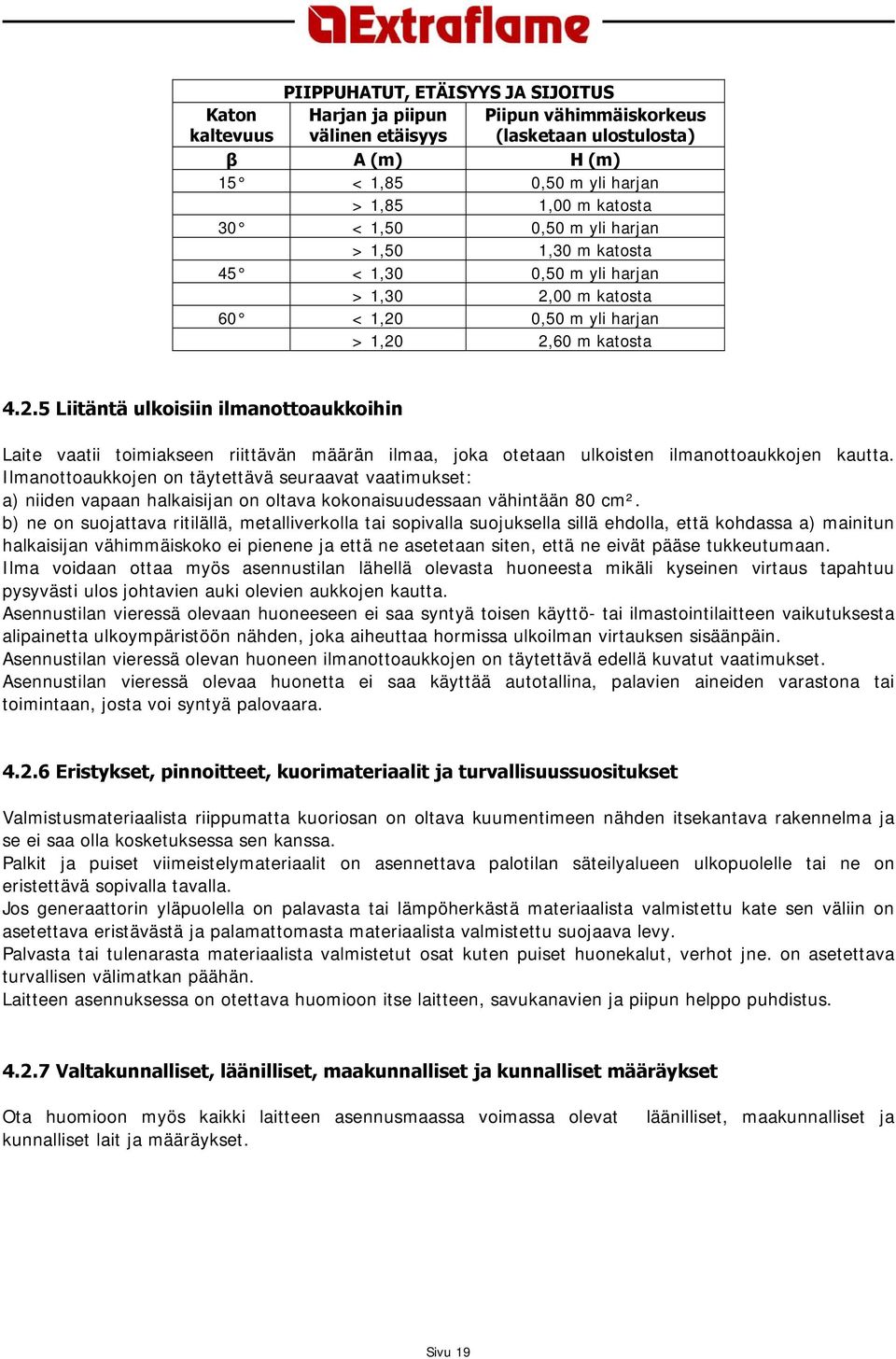 00 m katosta 60 < 1,20 0,50 m yli harjan > 1,20 2,60 m katosta 4.2.5 Liitäntä ulkoisiin ilmanottoaukkoihin Laite vaatii toimiakseen riittävän määrän ilmaa, joka otetaan ulkoisten ilmanottoaukkojen kautta.
