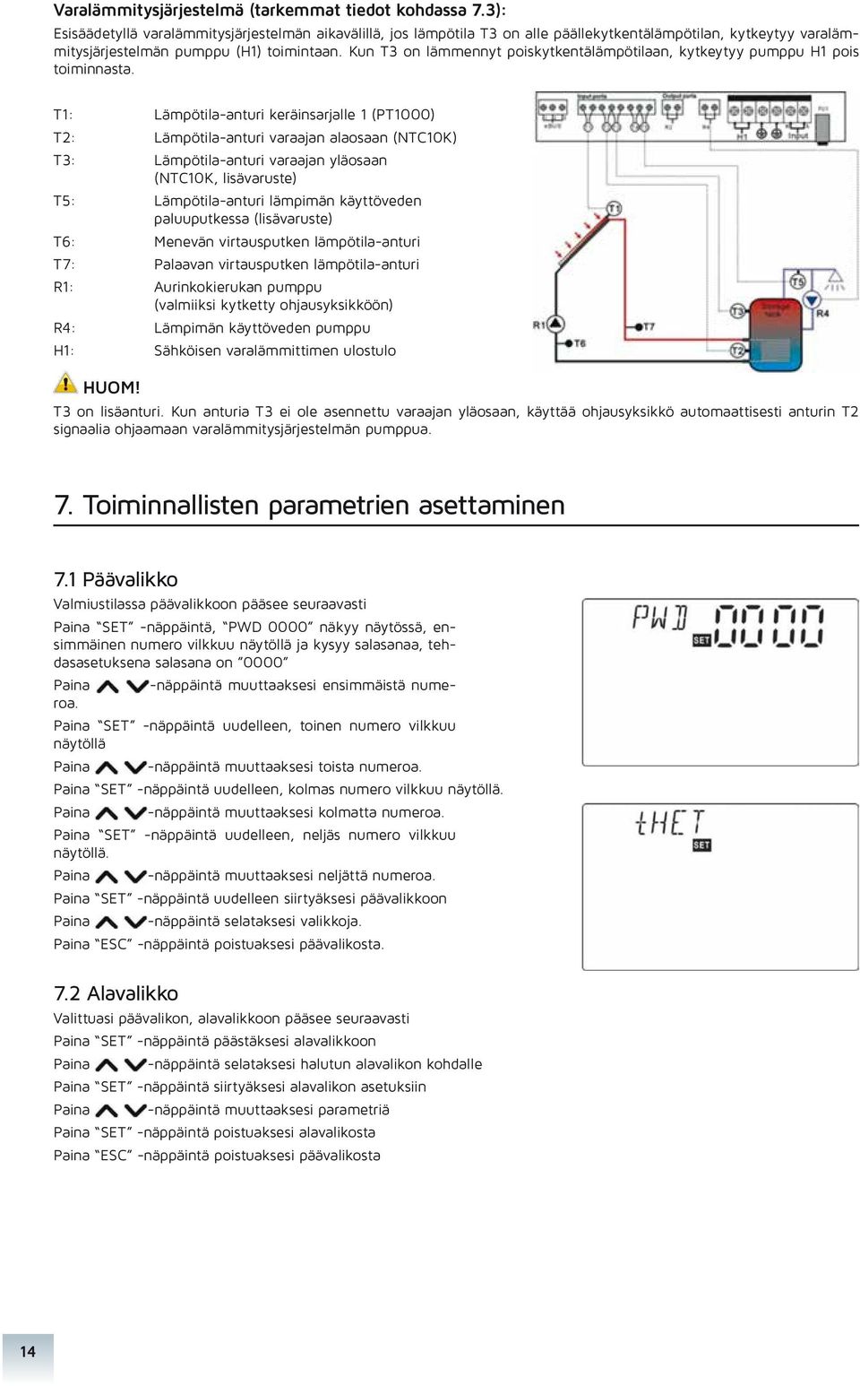 Kun T3 on lämmennyt poiskytkentälämpötilaan, kytkeytyy pumppu H1 pois toiminnasta.