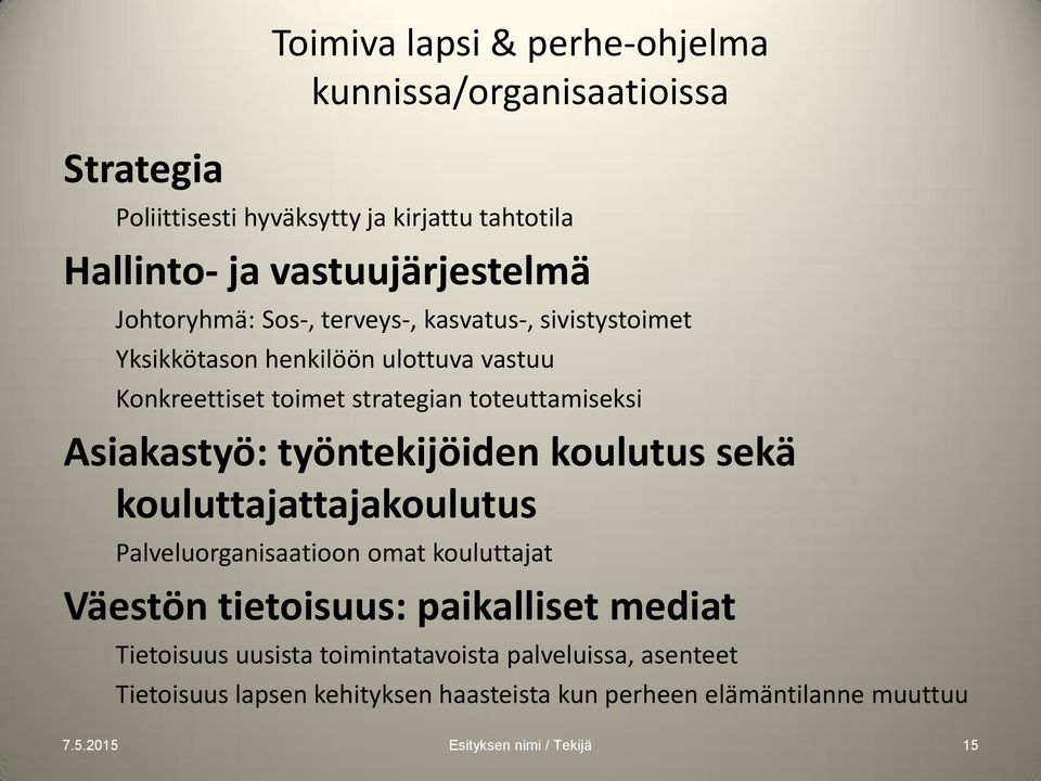 Asiakastyö: työntekijöiden koulutus sekä kouluttajattajakoulutus Palveluorganisaatioon omat kouluttajat Väestön tietoisuus: paikalliset mediat