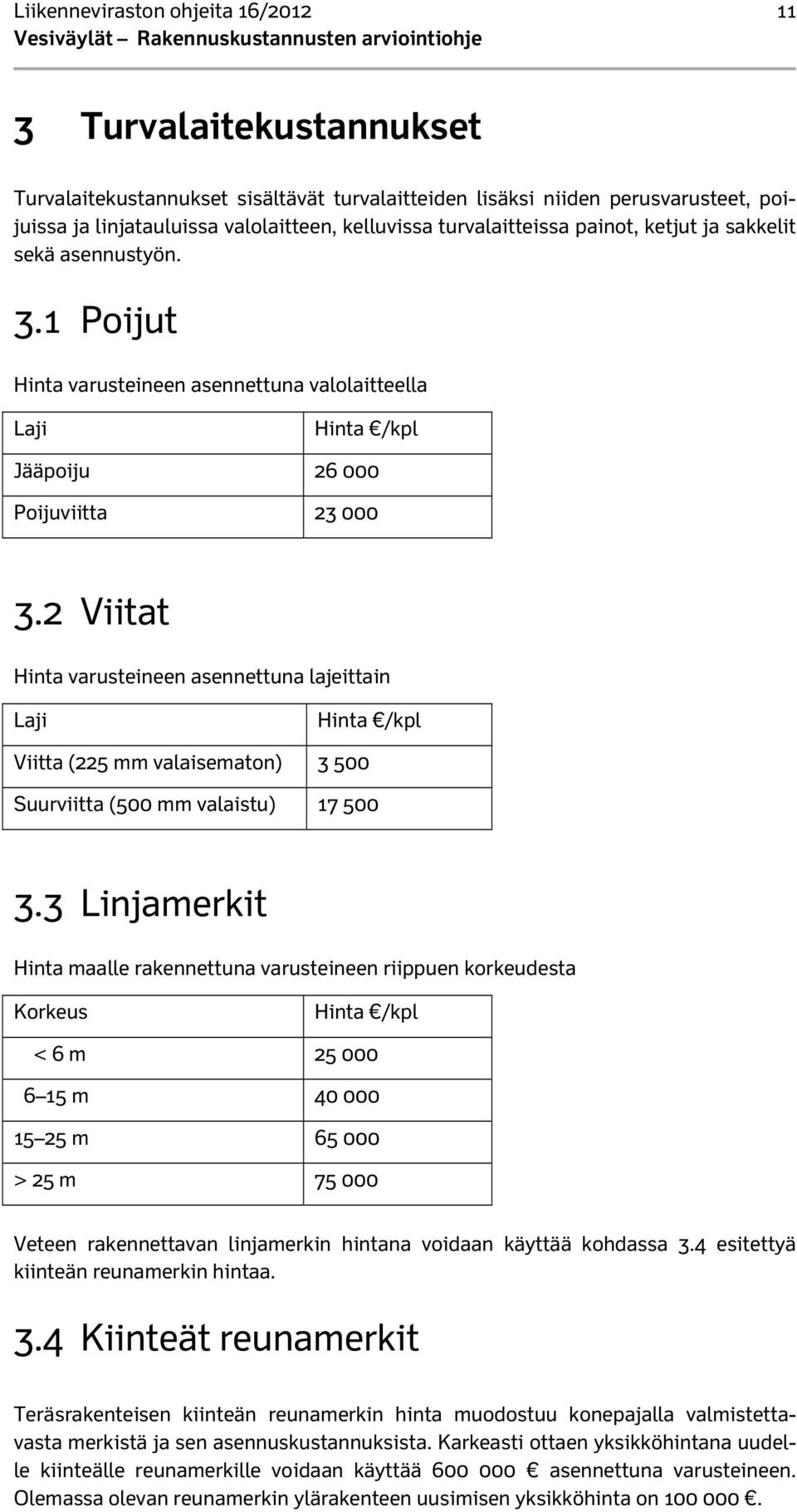 2 Viitat Hinta varusteineen asennettuna lajeittain Laji Hinta /kpl Viitta (225 mm valaisematon) 3 500 Suurviitta (500 mm valaistu) 17 500 3.