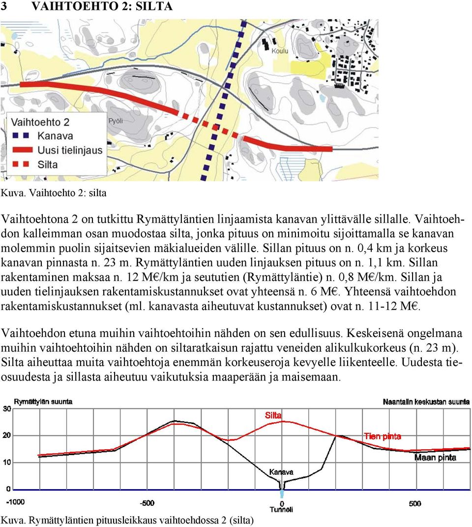 0,4 km ja korkeus kanavan pinnasta n. 23 m. Rymättyläntien uuden linjauksen pituus on n. 1,1 km. Sillan rakentaminen maksaa n. 12 M /km ja seututien (Rymättyläntie) n. 0,8 M /km.