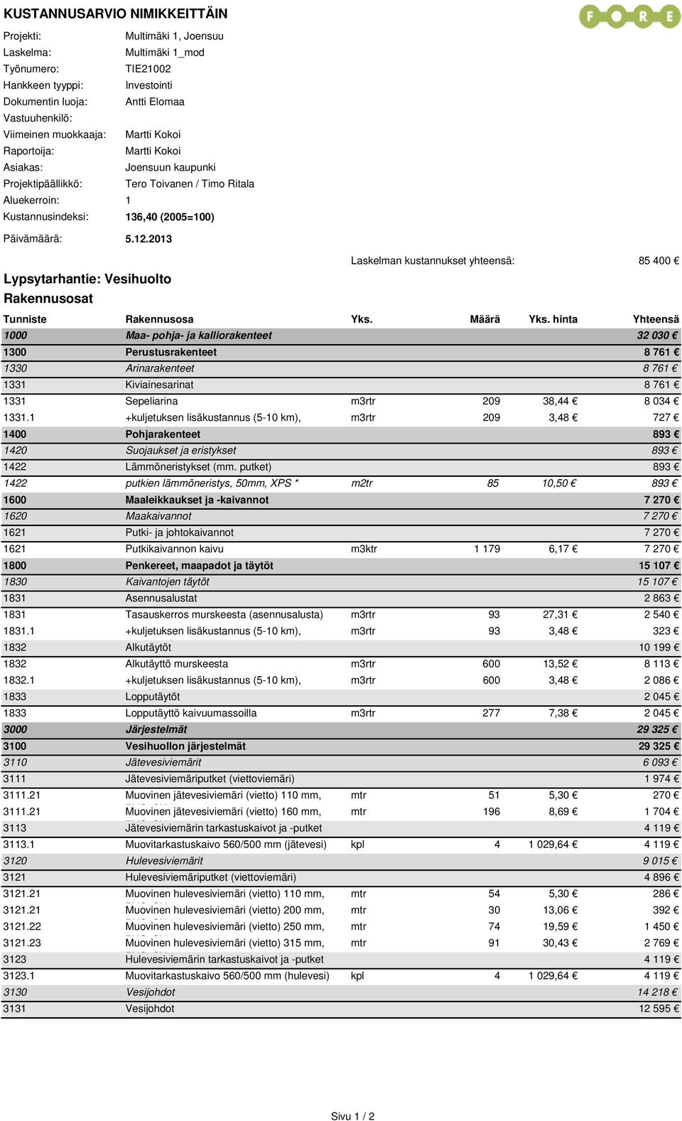 2013 Laskelman kustannukset yhteensä: 85 400 Lypsytarhantie: Vesihuolto Rakennusosat Tunniste Rakennusosa Yks. Määrä Yks.