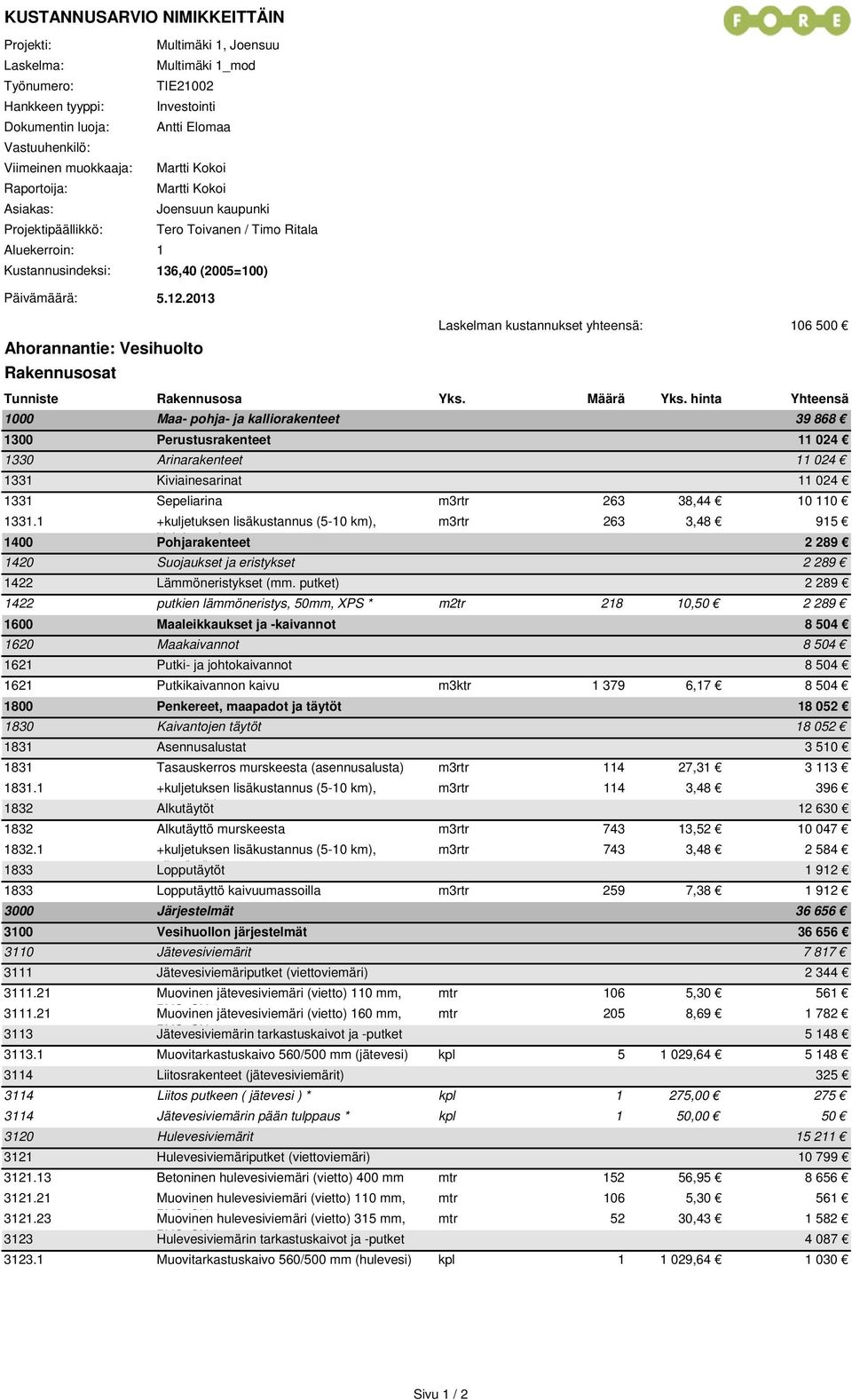 2013 Laskelman kustannukset yhteensä: 106 500 Ahorannantie: Vesihuolto Rakennusosat Tunniste Rakennusosa Yks. Määrä Yks.