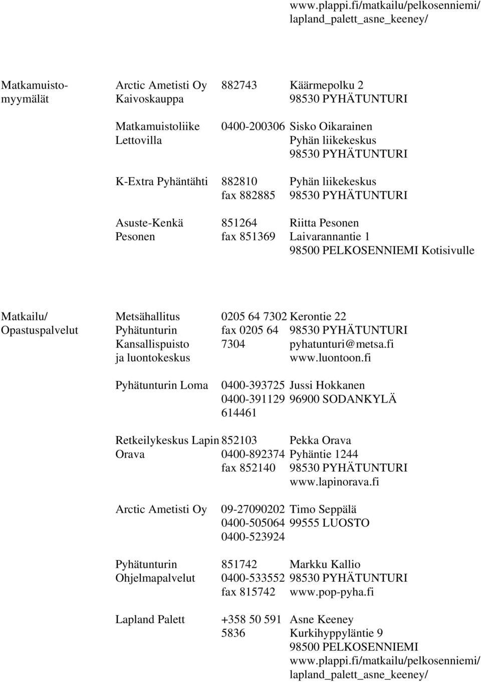 liikekeskus K-Extra Pyhäntähti 882810 fax 882885 Pyhän liikekeskus Asuste-Kenkä Pesonen 851264 fax 851369 Riitta Pesonen Laivarannantie 1 Kotisivulle Matkailu/ Opastuspalvelut Metsähallitus