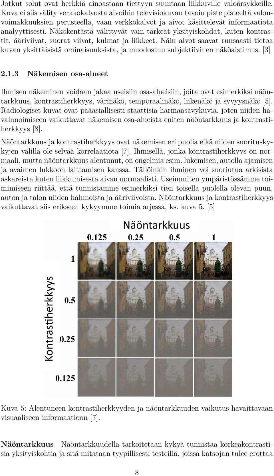 Näkökentästä välittyvät vain tärkeät yksityiskohdat, kuten kontrastit, ääriviivat, suorat viivat, kulmat ja liikkeet.