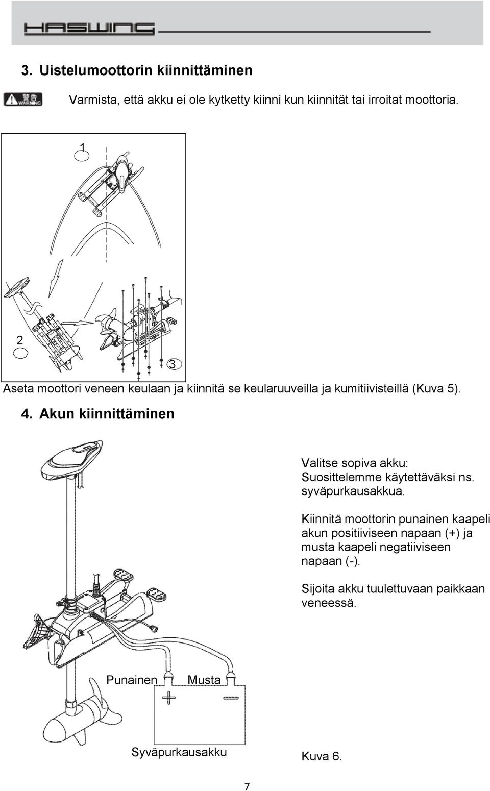 Akun kiinnittäminen Valitse sopiva akku: Suosittelemme käytettäväksi ns. syväpurkausakkua.