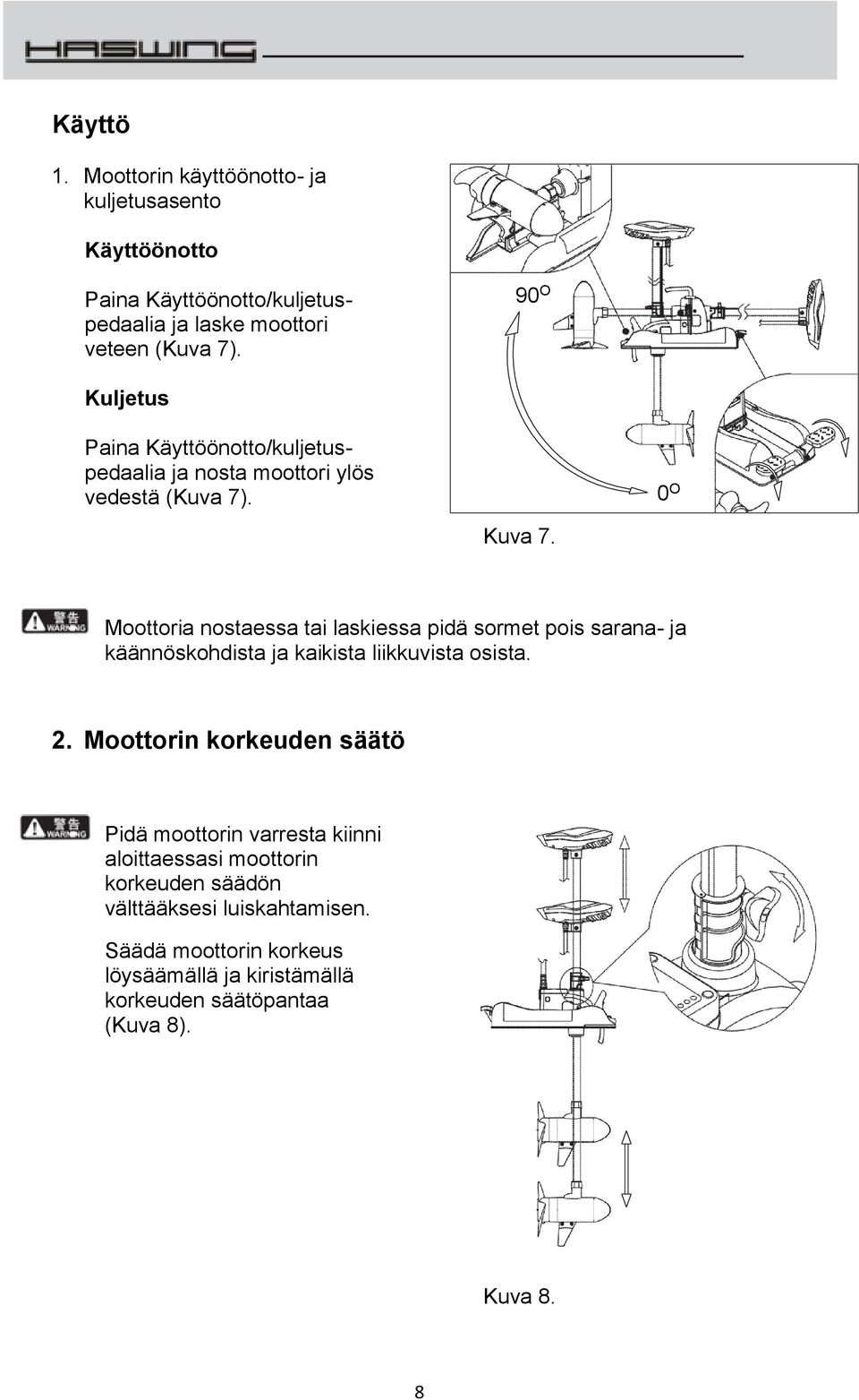 0 O Moottoria nostaessa tai laskiessa pidä sormet pois sarana- ja käännöskohdista ja kaikista liikkuvista osista. 2.