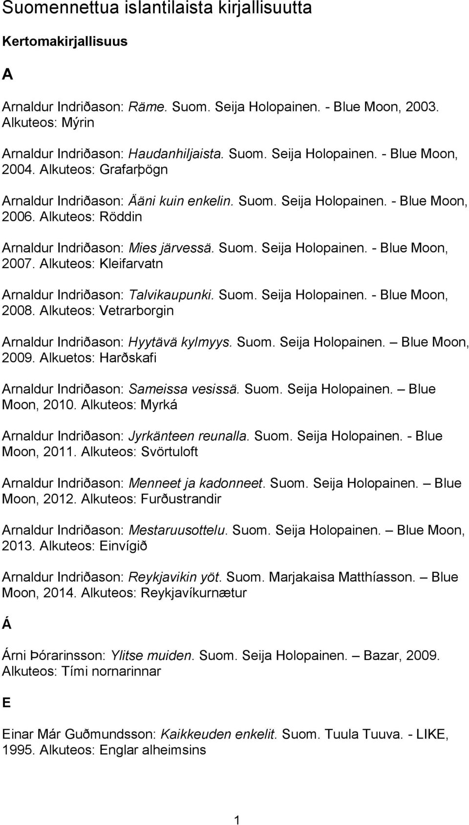 Alkuteos: Kleifarvatn Arnaldur Indriðason: Talvikaupunki. Suom. Seija Holopainen. - Blue Moon, 2008. Alkuteos: Vetrarborgin Arnaldur Indriðason: Hyytävä kylmyys. Suom. Seija Holopainen. Blue Moon, 2009.