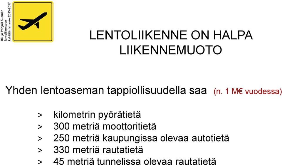 1 M vuodessa) > kilometrin pyörätietä > 300 metriä