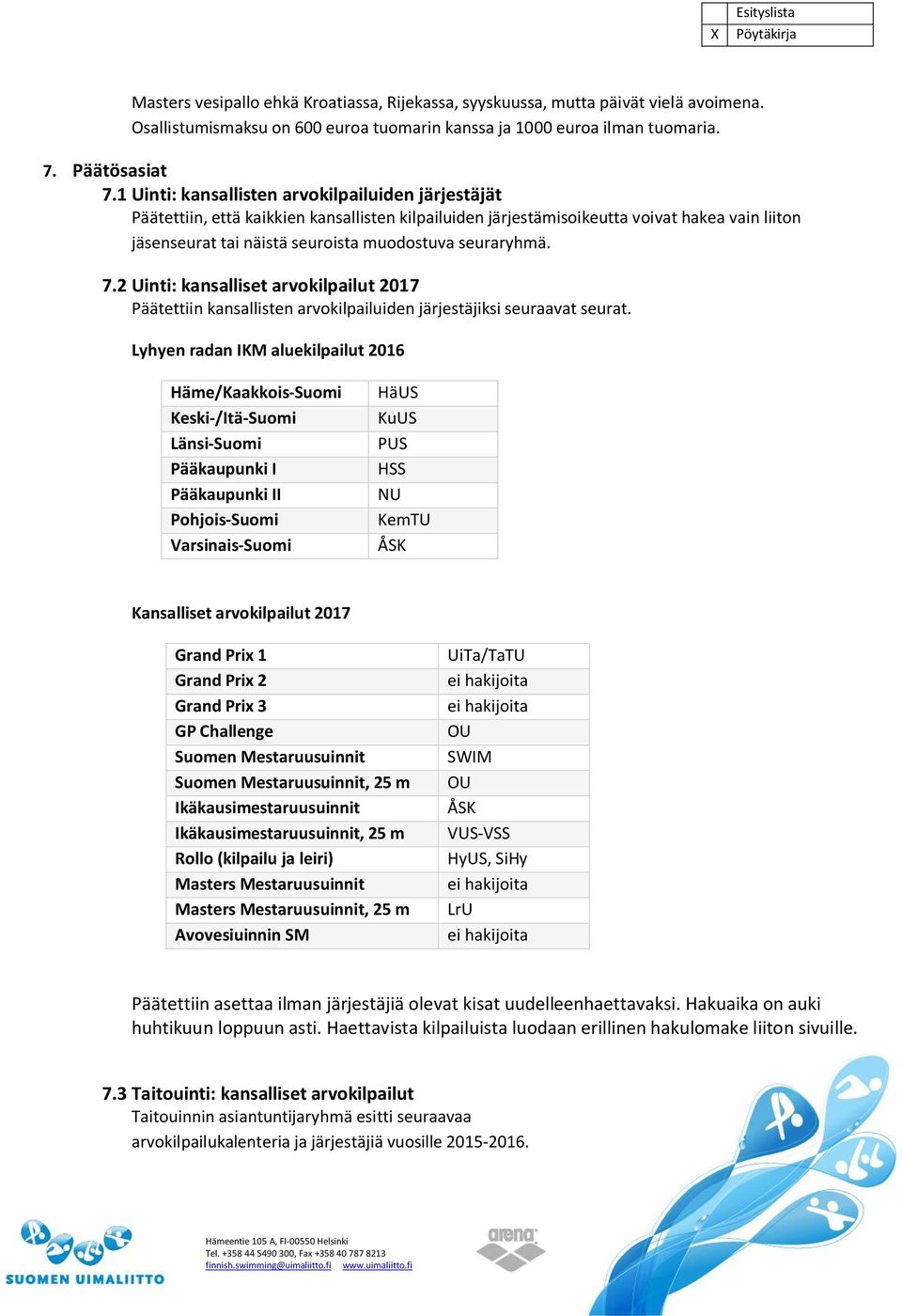 seuraryhmä. 7.2 Uinti: kansalliset arvokilpailut 2017 Päätettiin kansallisten arvokilpailuiden järjestäjiksi seuraavat seurat.