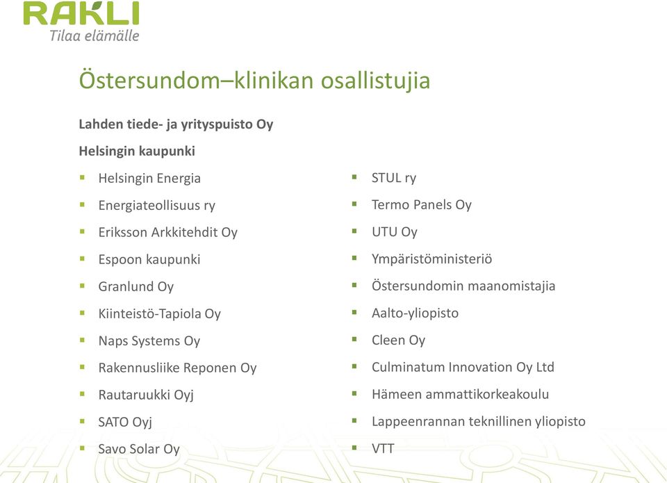 Rakennusliike Reponen Oy Rautaruukki Oyj SATO Oyj Savo Solar Oy STUL ry Termo Panels Oy UTU Oy Ympäristöministeriö