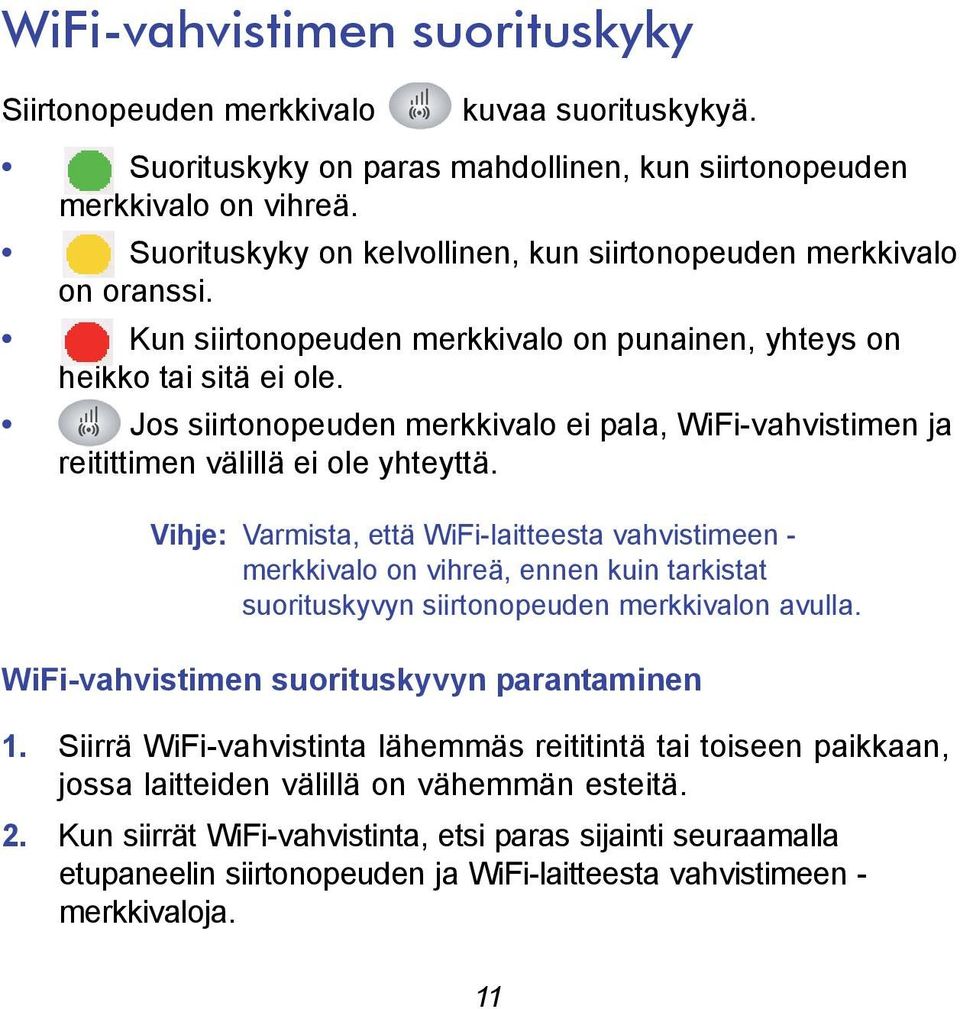 Jos siirtonopeuden merkkivalo ei pala, WiFi-vahvistimen ja reitittimen välillä ei ole yhteyttä.