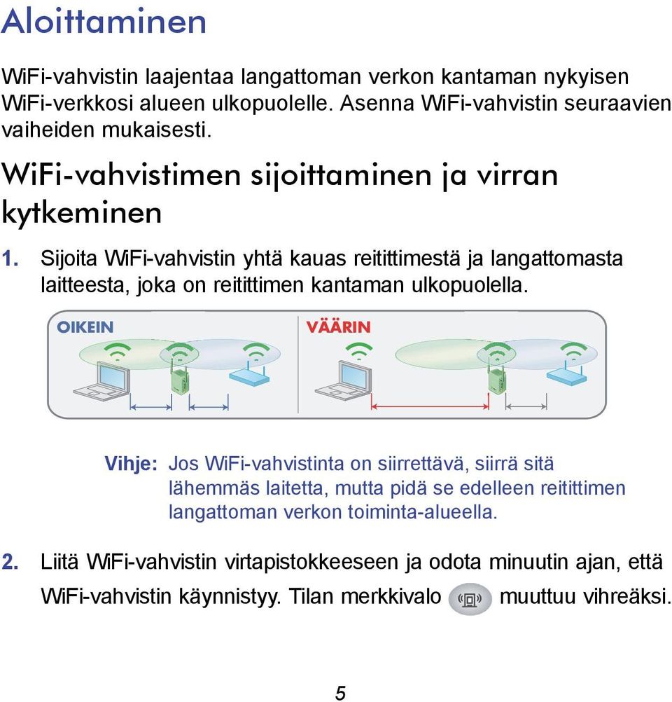 Sijoita WiFi-vahvistin yhtä kauas reitittimestä ja langattomasta laitteesta, joka on reitittimen kantaman ulkopuolella.