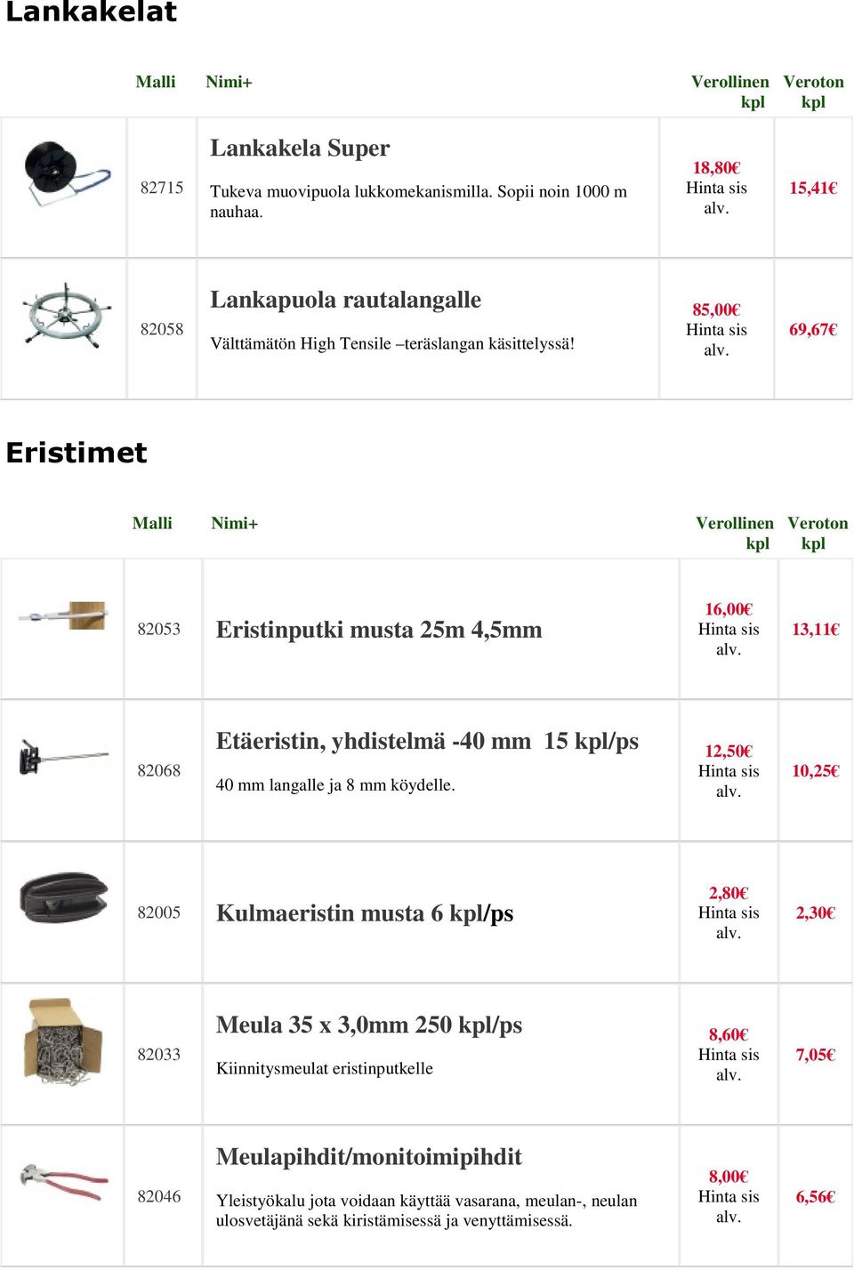 85,00 69,67 Eristimet 82053 Eristinputki musta 25m 4,5mm 16,00 13,11 82068 Etäeristin, yhdistelmä -40 mm 15 /ps 40 mm langalle ja 8 mm köydelle.