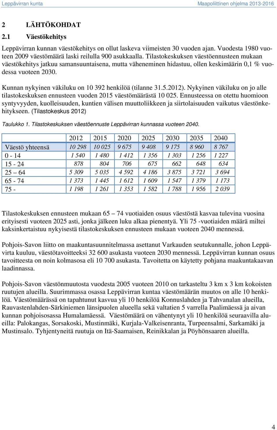 Kunnan nykyinen väkiluku on 10 392 henkilöä (tilanne 31.5.2012). Nykyinen väkiluku on jo alle tilastokeskuksen ennusteen vuoden 2015 väestömäärästä 10 025.