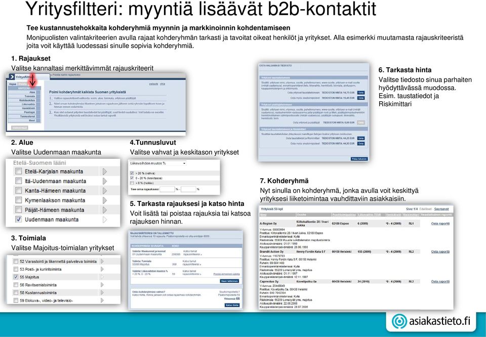 Rajaukset Valitse kannaltasi merkittävimmät rajauskriteerit 6. Tarkasta hinta Valitse tiedosto sinua parhaiten hyödyttävässä muodossa. Esim. taustatiedot ja Riskimittari 2.