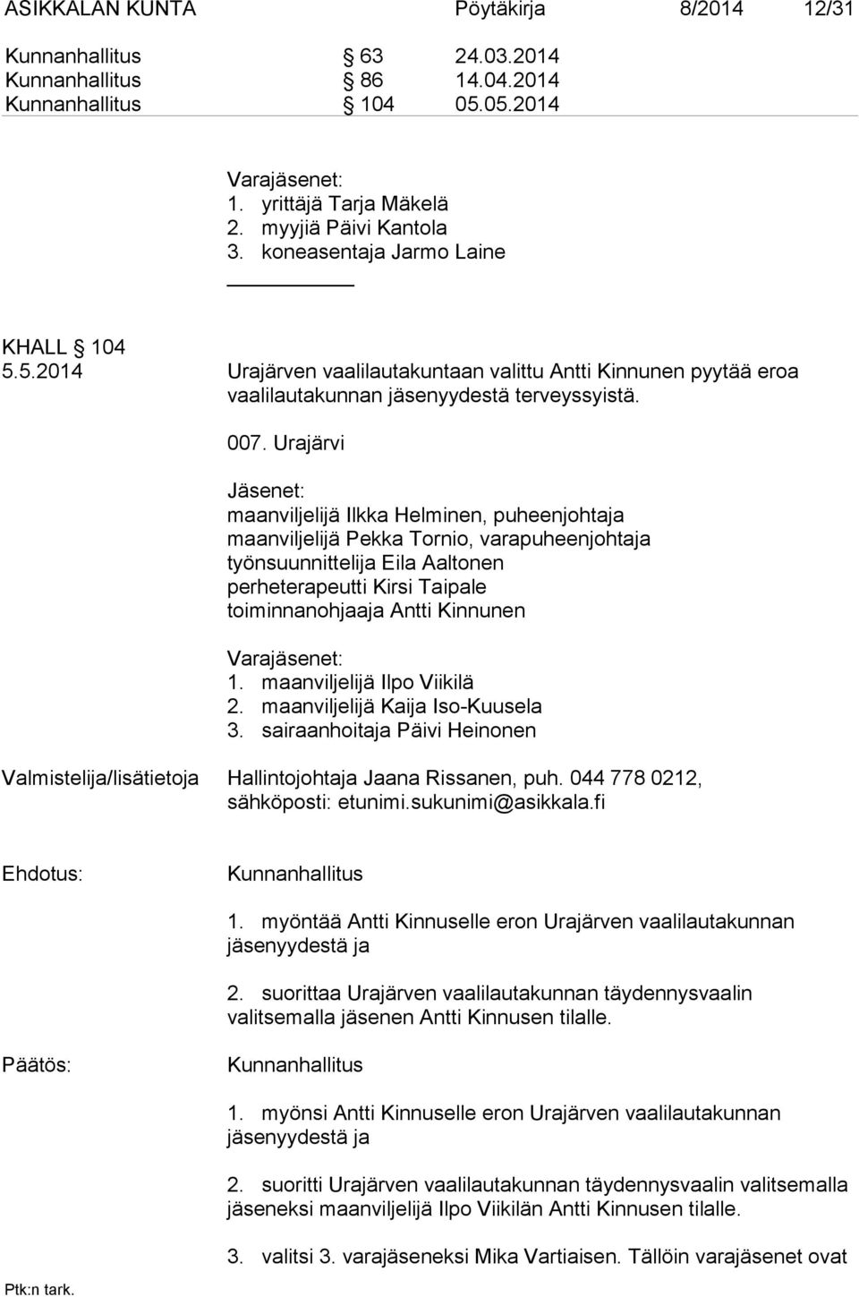 Urajärvi Jäsenet: maanviljelijä Ilkka Helminen, puheenjohtaja maanviljelijä Pekka Tornio, varapuheenjohtaja työnsuunnittelija Eila Aaltonen perheterapeutti Kirsi Taipale toiminnanohjaaja Antti