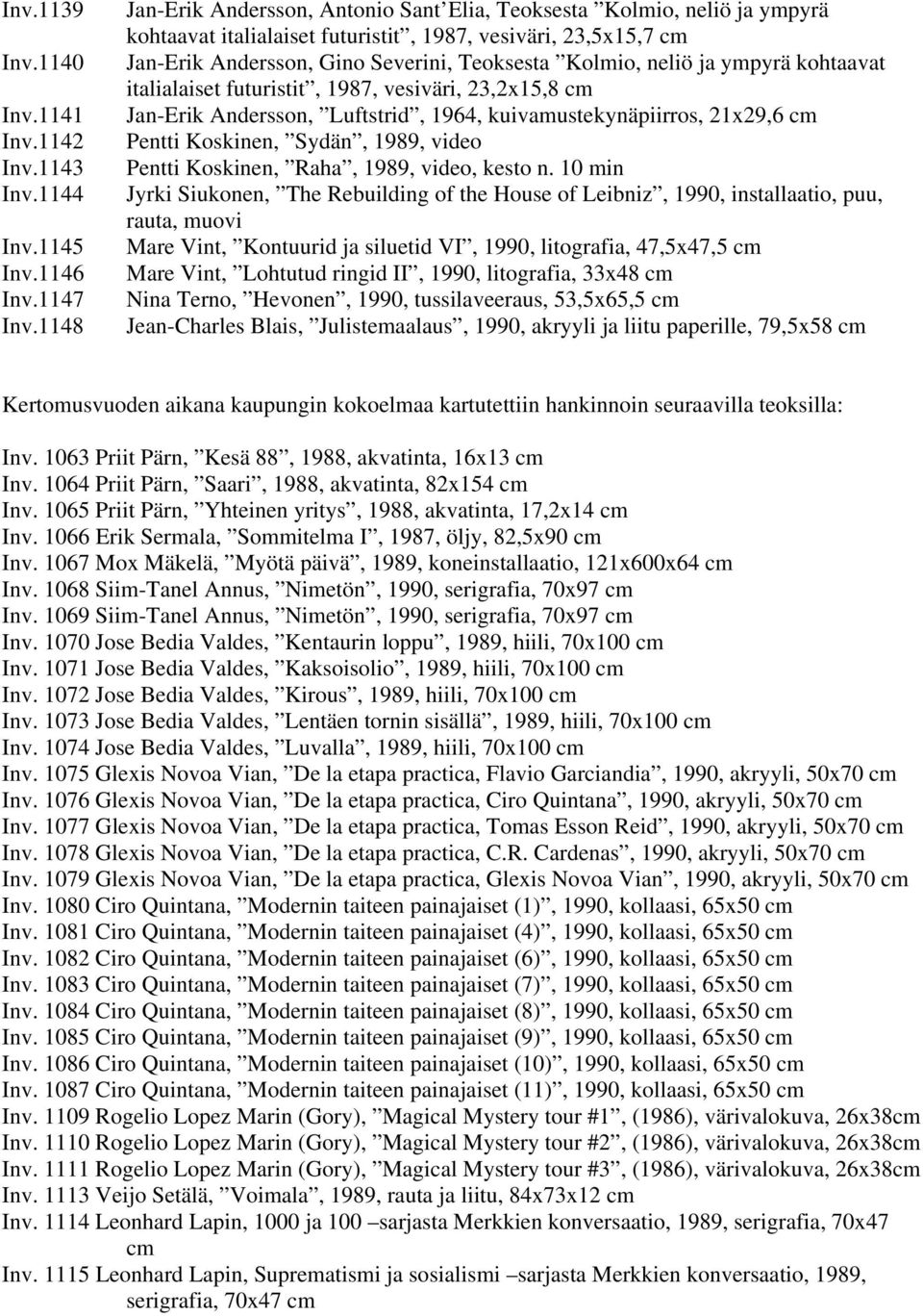 neliö ja ympyrä kohtaavat italialaiset futuristit, 1987, vesiväri, 23,2x15,8 cm Jan-Erik Andersson, Luftstrid, 1964, kuivamustekynäpiirros, 21x29,6 cm Pentti Koskinen, Sydän, 1989, video Pentti