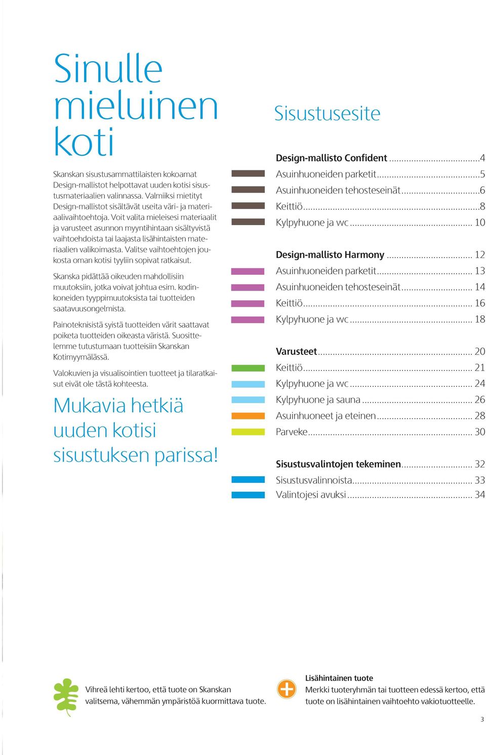 Voit valita mieleisesi materiaalit ja varusteet asunnon myyntihintaan sisältyvistä vaihtoehdoista tai laajasta lisähintaisten materiaalien valikoimasta.