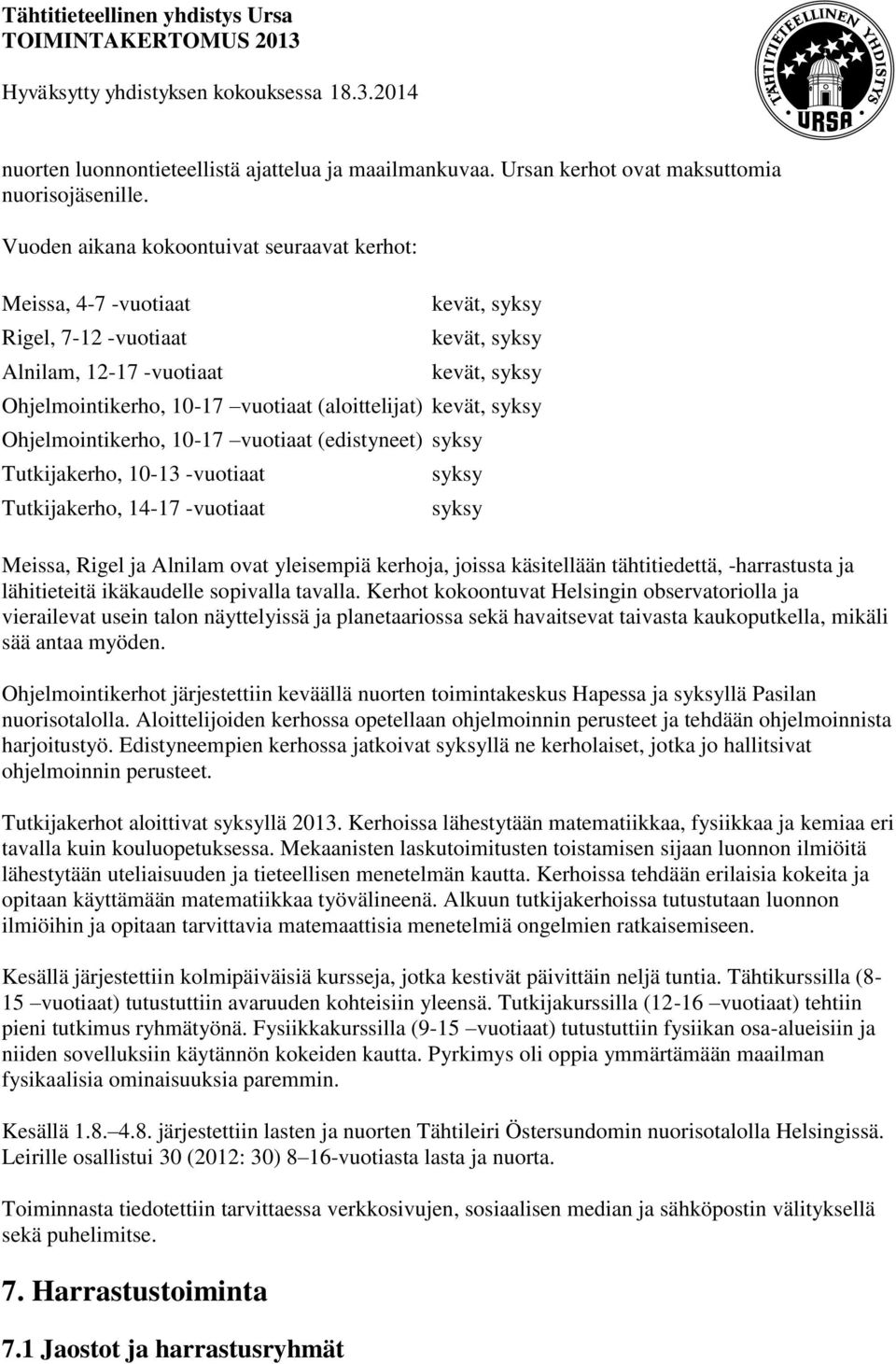 (aloittelijat) kevät, syksy Ohjelmointikerho, 10-17 vuotiaat (edistyneet) syksy Tutkijakerho, 10-13 -vuotiaat Tutkijakerho, 14-17 -vuotiaat syksy syksy Meissa, Rigel ja Alnilam ovat yleisempiä