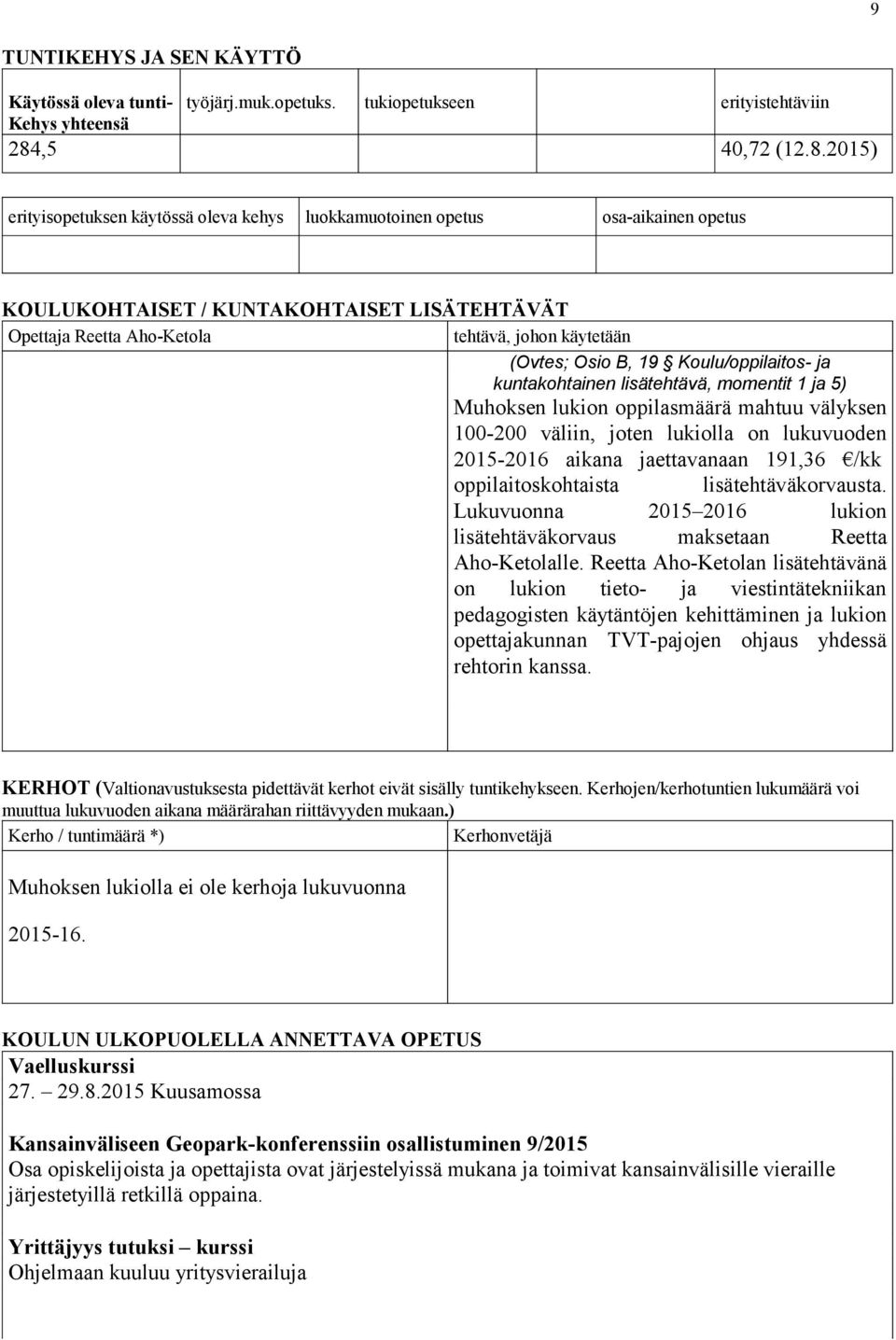 2015) erityisopetuksen käytössä oleva kehys luokkamuotoinen opetus osa-aikainen opetus KOULUKOHTAISET / KUNTAKOHTAISET LISÄTEHTÄVÄT Opettaja Reetta Aho-Ketola tehtävä, johon käytetään (Ovtes; Osio B,