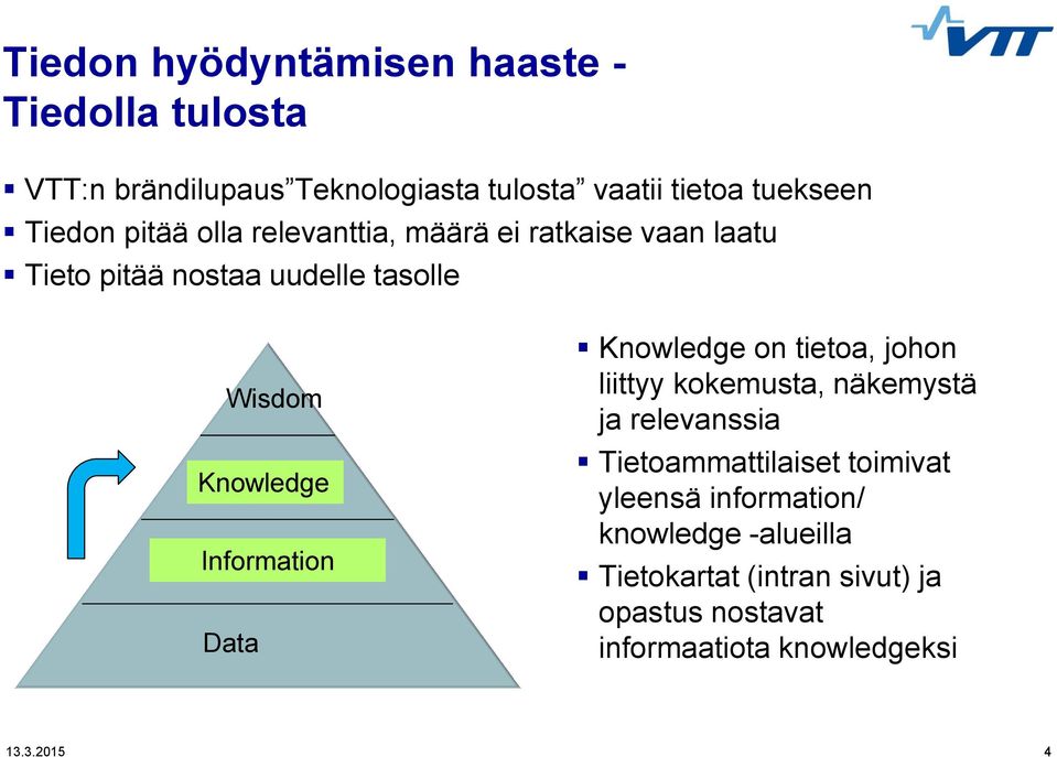 Information Data Knowledge on tietoa, johon liittyy kokemusta, näkemystä ja relevanssia Tietoammattilaiset toimivat