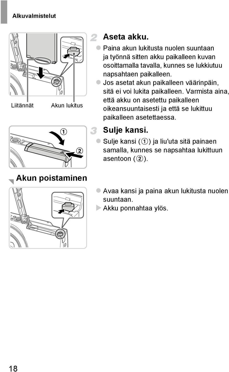 Jos asetat akun paikalleen väärinpäin, sitä ei voi lukita paikalleen.