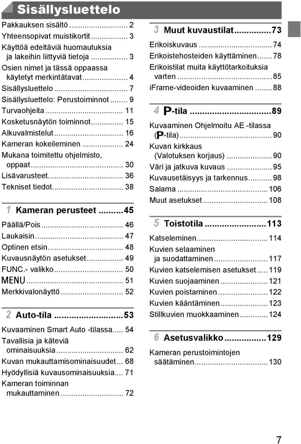 .. 30 Lisävarusteet... 36 Tekniset tiedot... 38 1 Kameran perusteet...45 Päällä/Pois... 46 Laukaisin... 47 Optinen etsin... 48 Kuvausnäytön asetukset... 49 FUNC.- valikko... 50 n... 51 Merkkivalonäyttö.