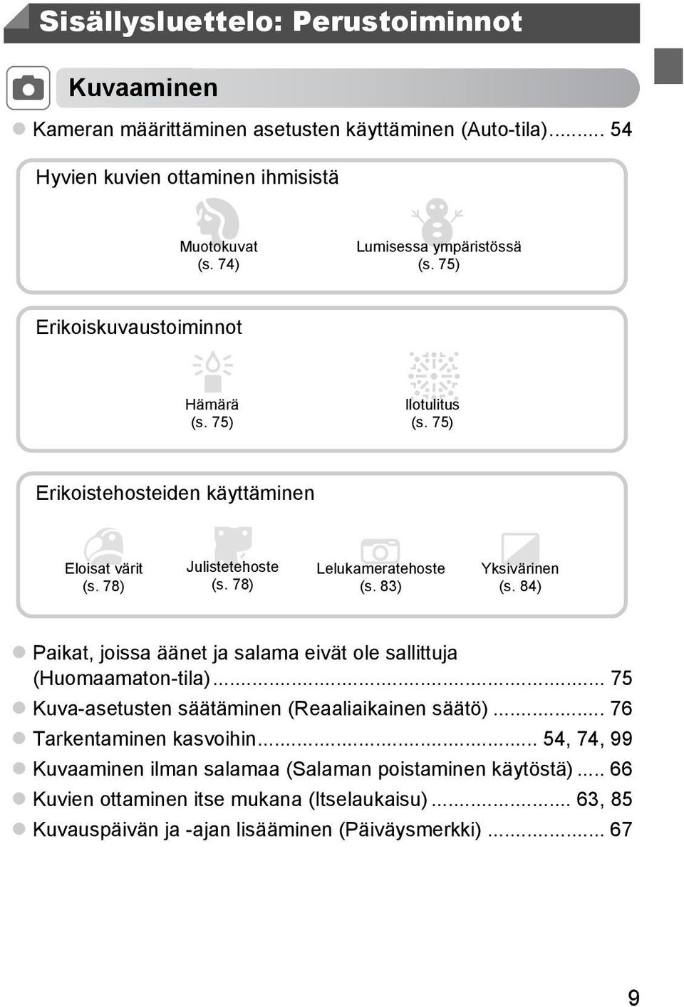 78) Lelukameratehoste (s. 83) Yksivärinen (s. 84) Paikat, joissa äänet ja salama eivät ole sallittuja (Huomaamaton-tila)... 75 Kuva-asetusten säätäminen (Reaaliaikainen säätö).