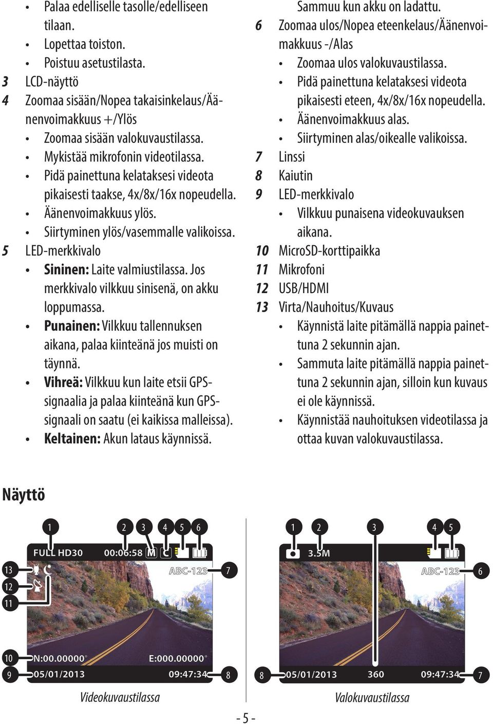 5 LED-merkkivalo Sininen: Laite valmiustilassa. Jos merkkivalo vilkkuu sinisenä, on akku loppumassa. Punainen: Vilkkuu tallennuksen aikana, palaa kiinteänä jos muisti on täynnä.