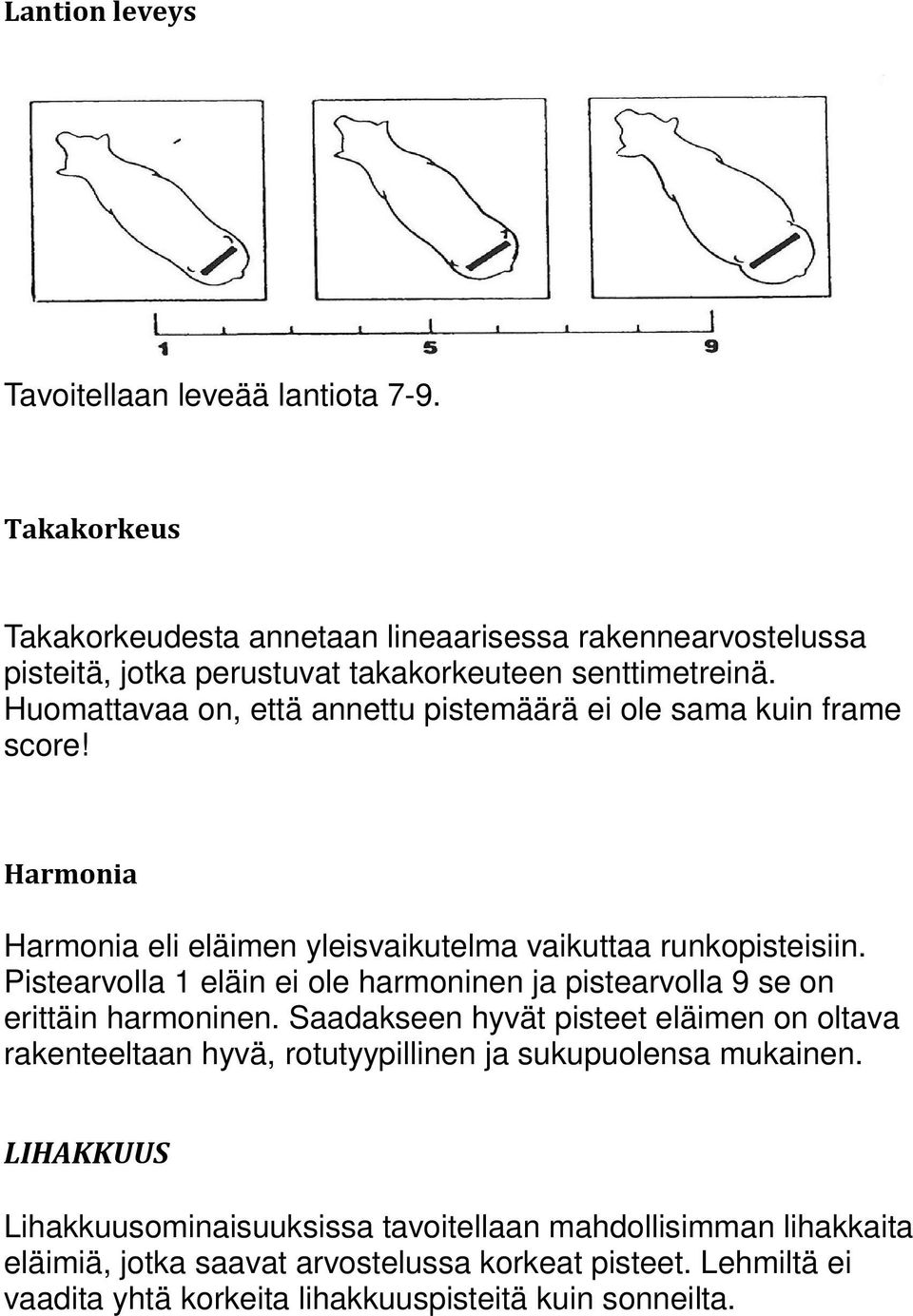 Huomattavaa on, että annettu pistemäärä ei ole sama kuin frame score! Harmonia Harmonia eli eläimen yleisvaikutelma vaikuttaa runkopisteisiin.